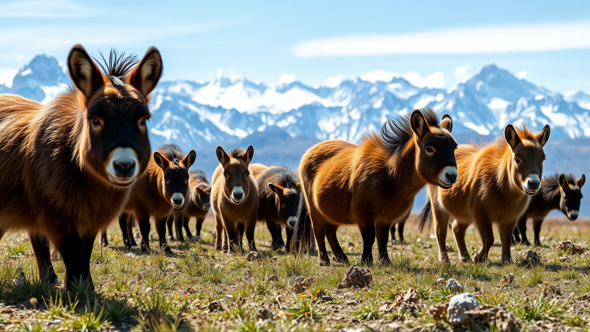 A small herd of wild Andean cavies grazing on high-altitude grassland with snow-capped Andes peaks behind, bright daylight