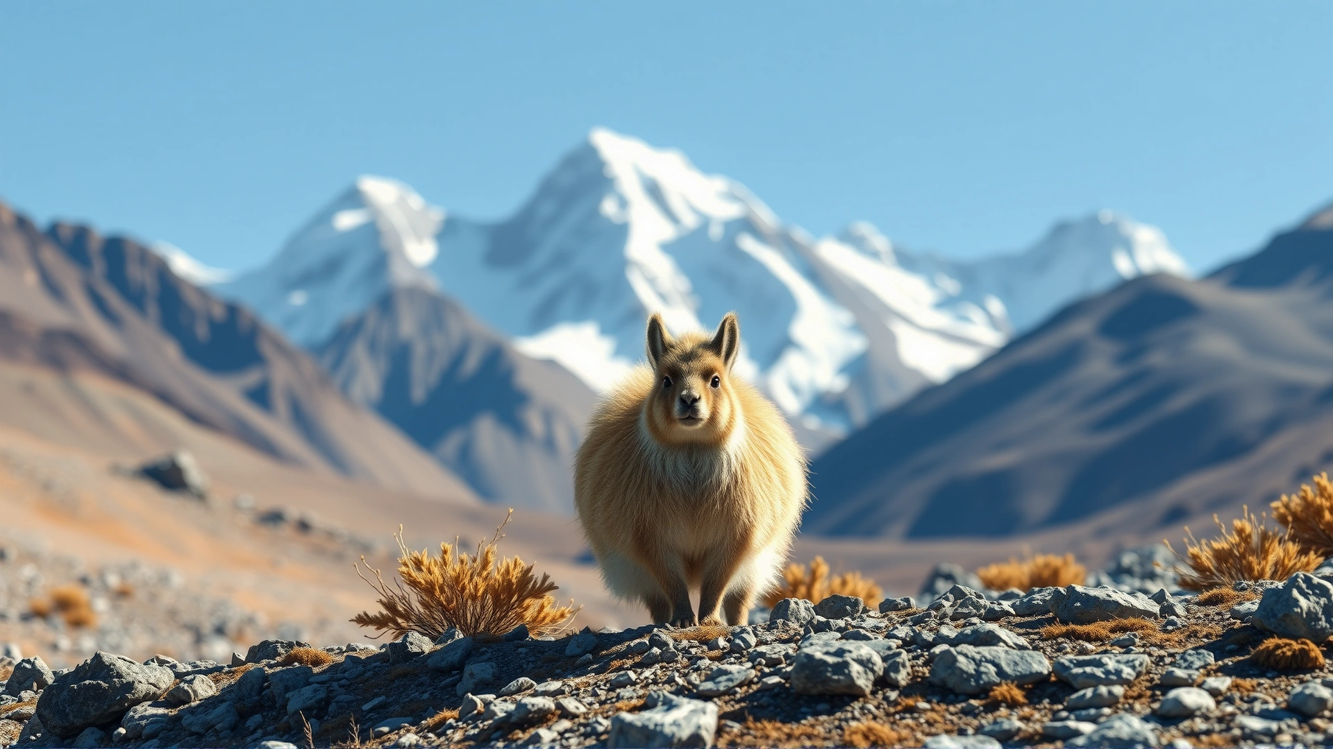 Wild chinchilla standing on rugged Andean terrain with snow-capped peaks and sparse vegetation behind it, bright daylight