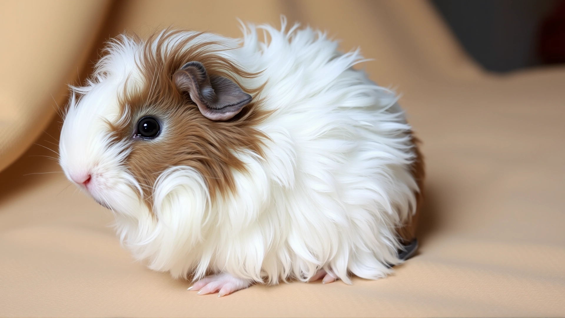 Angora guinea pig displaying both length and curls of its coat, sitting on beige fabric, soft lighting, no text