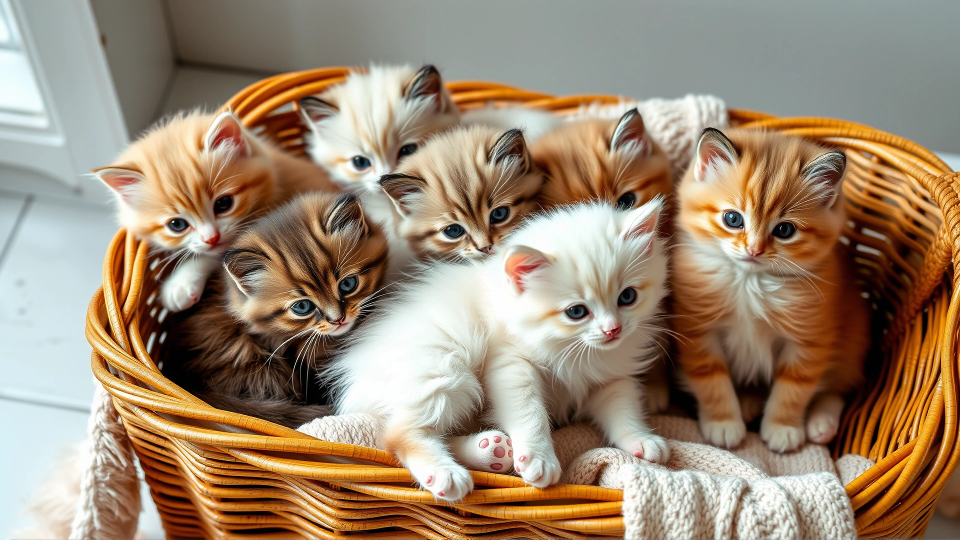 Group of Turkish Angora kittens of various coat colors playing together in a cozy wicker basket with soft blankets.