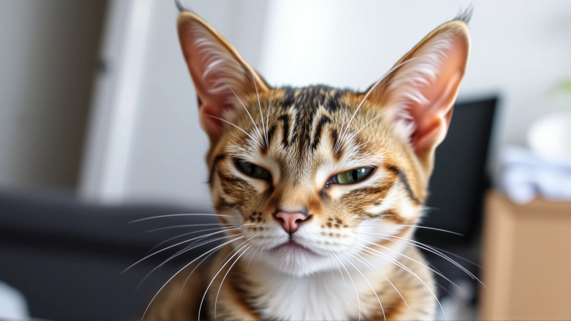 Domestic short-haired cat with ears slightly back and narrowed eyes, subtle body language of annoyance, neutral indoor background.
