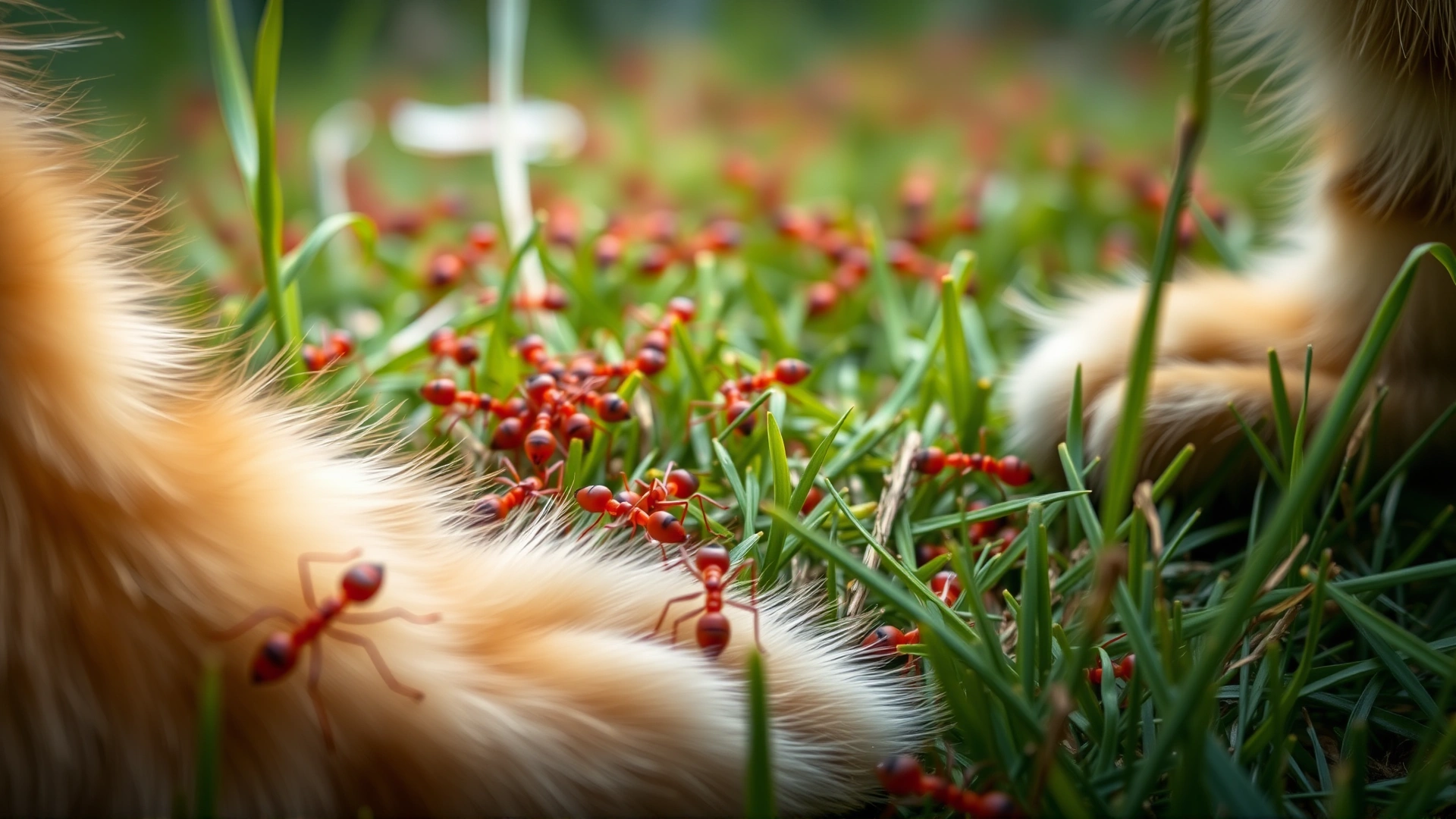 Close-up image of red fire ants swarming on a patch of grass with a cat’s paw entering the frame.