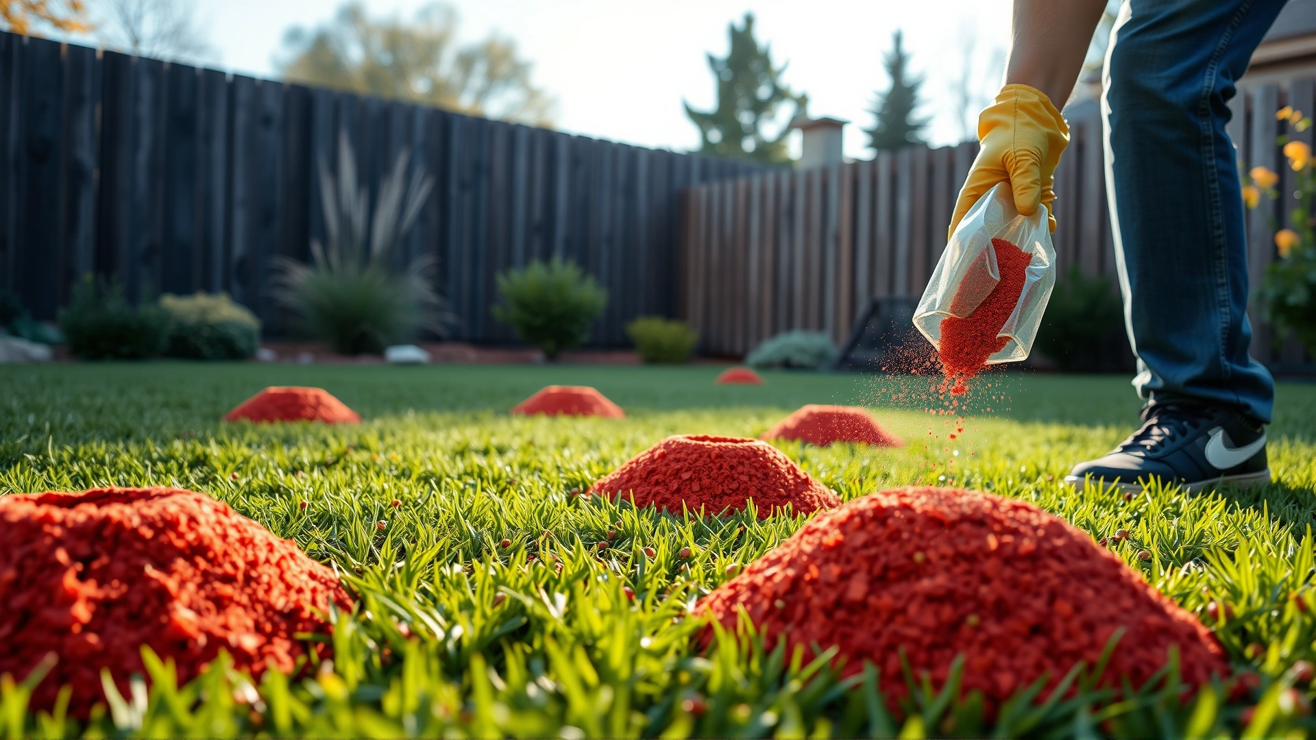 Backyard lawn with several fire ant hills, person wearing gloves spreading pet-safe ant killer granules around, early morning light
