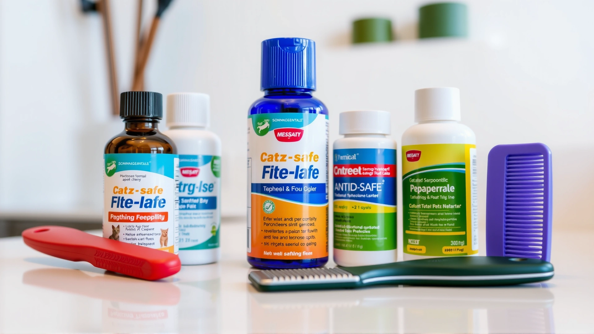 Selection of cat-safe anti-flea topical medications and comb arranged neatly on a counter, minimalistic background.