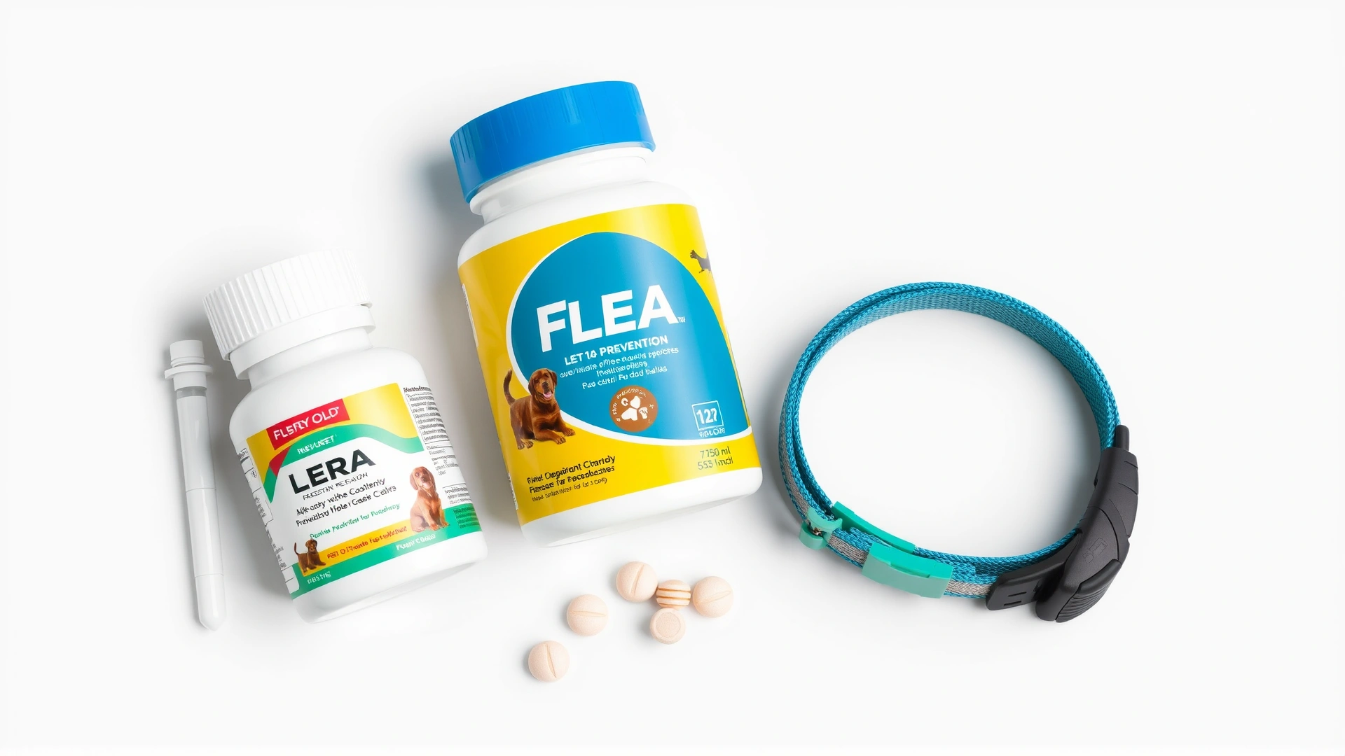 Flat lay of various flea prevention products for dogs such as spot-on pipettes, chewable tablets, and a flea collar on a neutral background