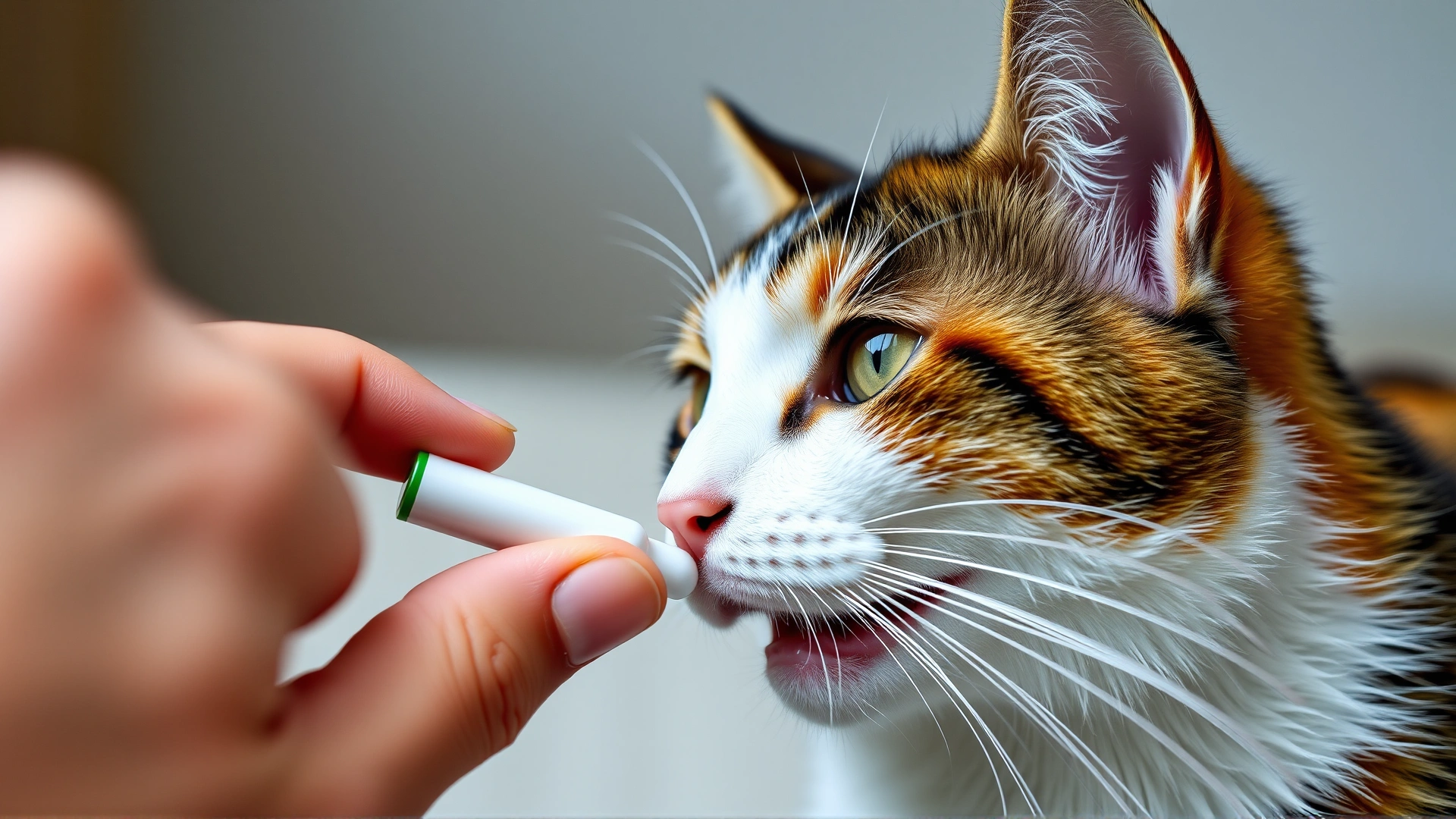 Owner’s hand gently giving an oral antibiotic pill to a calm calico cat, focus on pill and cat’s mouth, soft background.