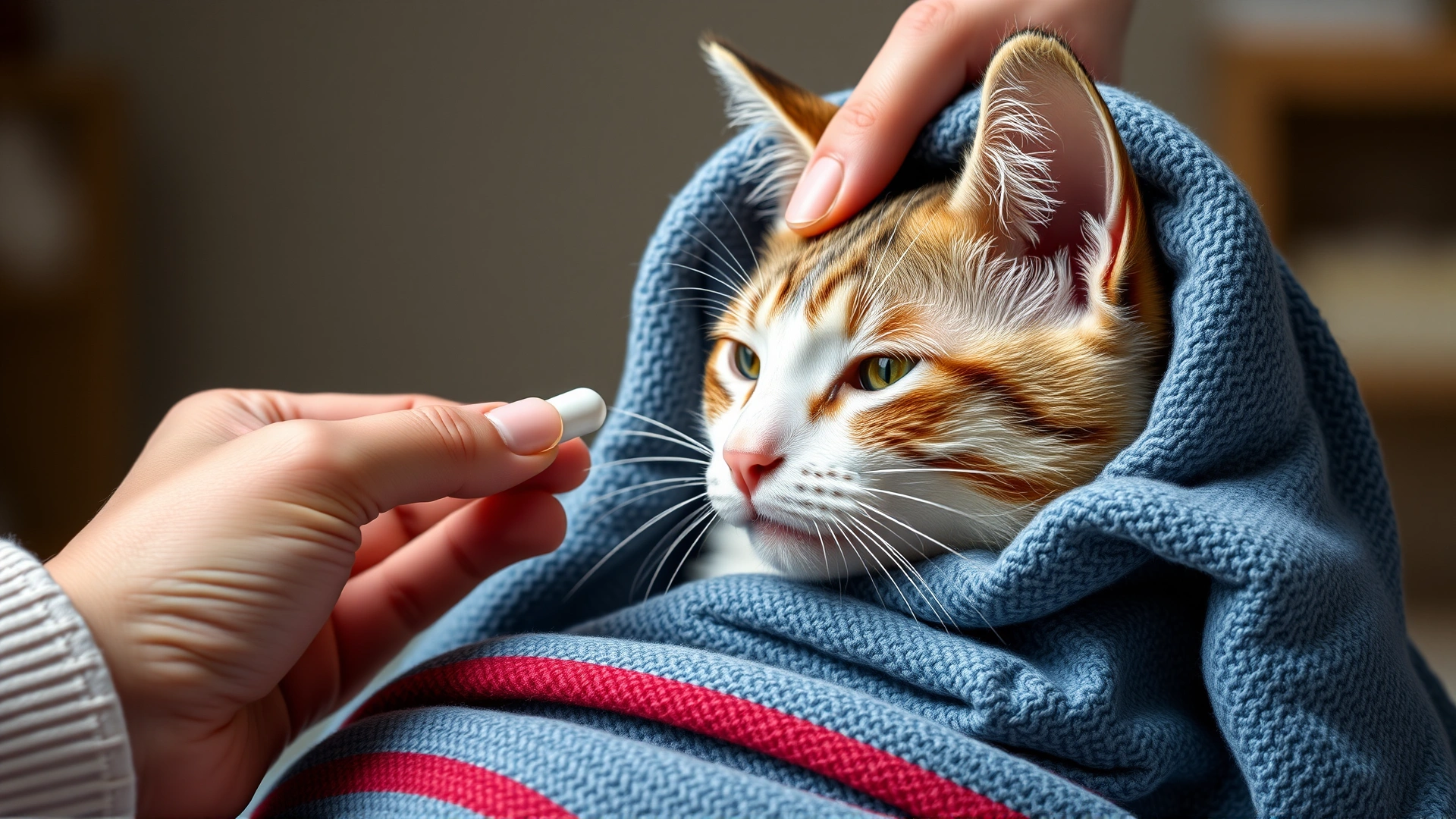 Hand carefully giving a pill to a calm cat wrapped in a towel, illustrating medication administration at home.