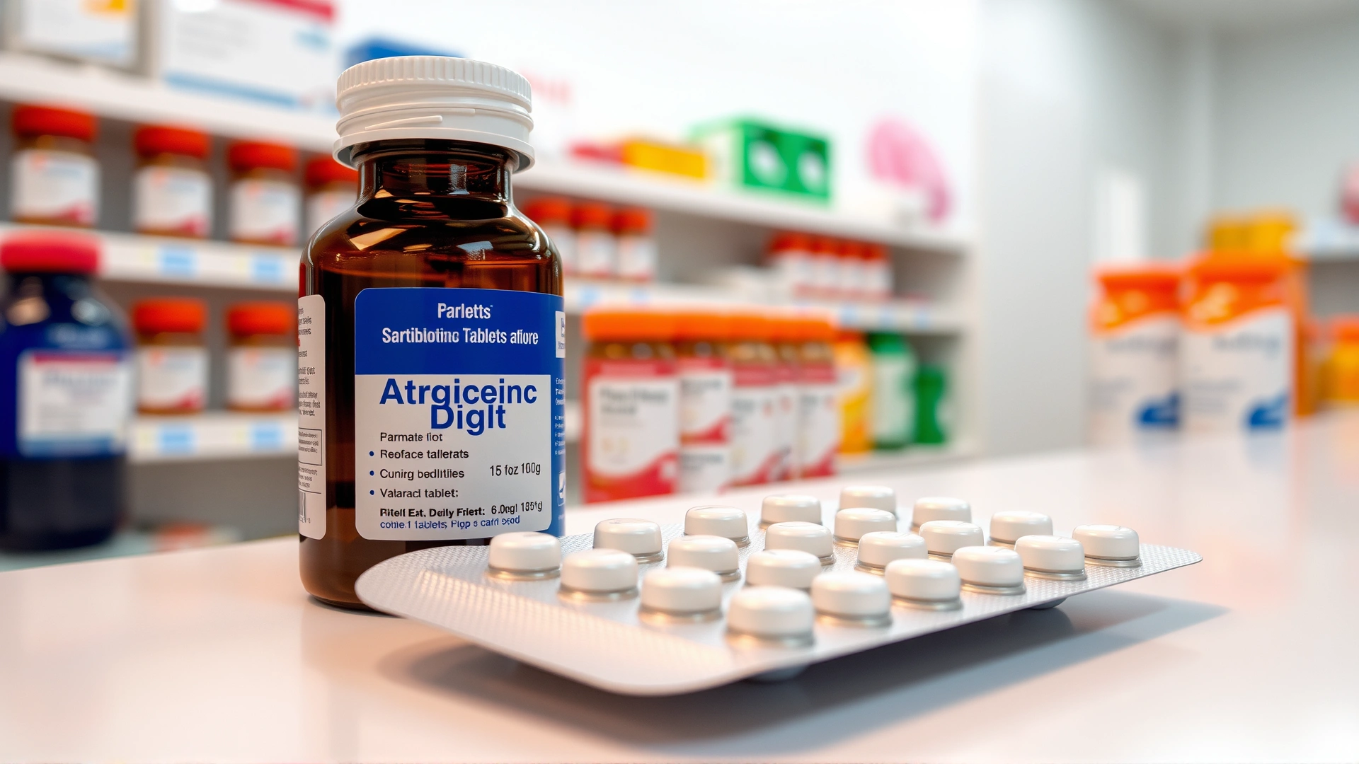 Blister pack and bottle of generic antibiotic tablets on a white pharmacy counter, clear labels, soft lighting