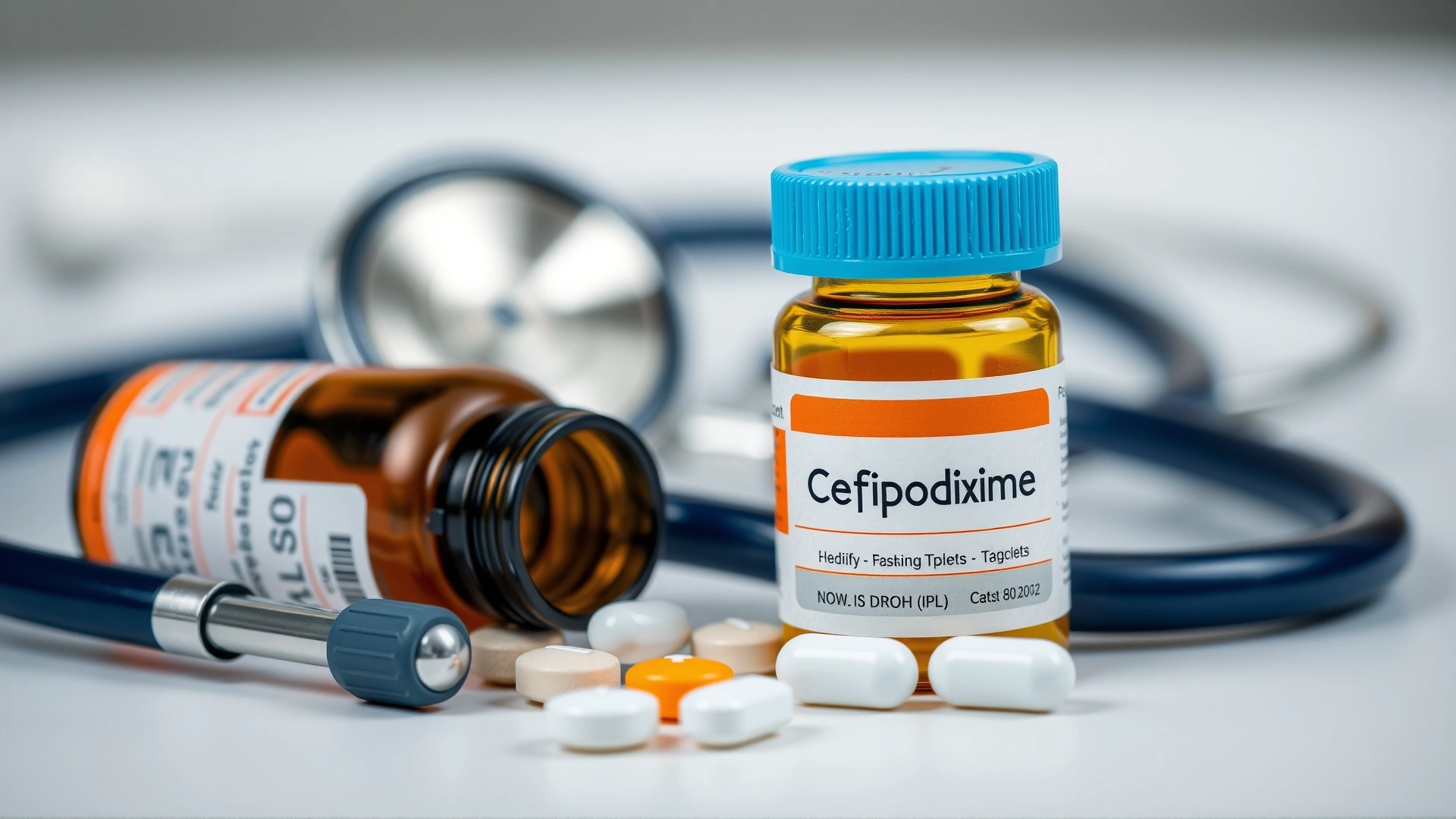 Macro shot of a labeled cefpodoxime pill bottle and tablets on a white counter with a blurred stethoscope behind