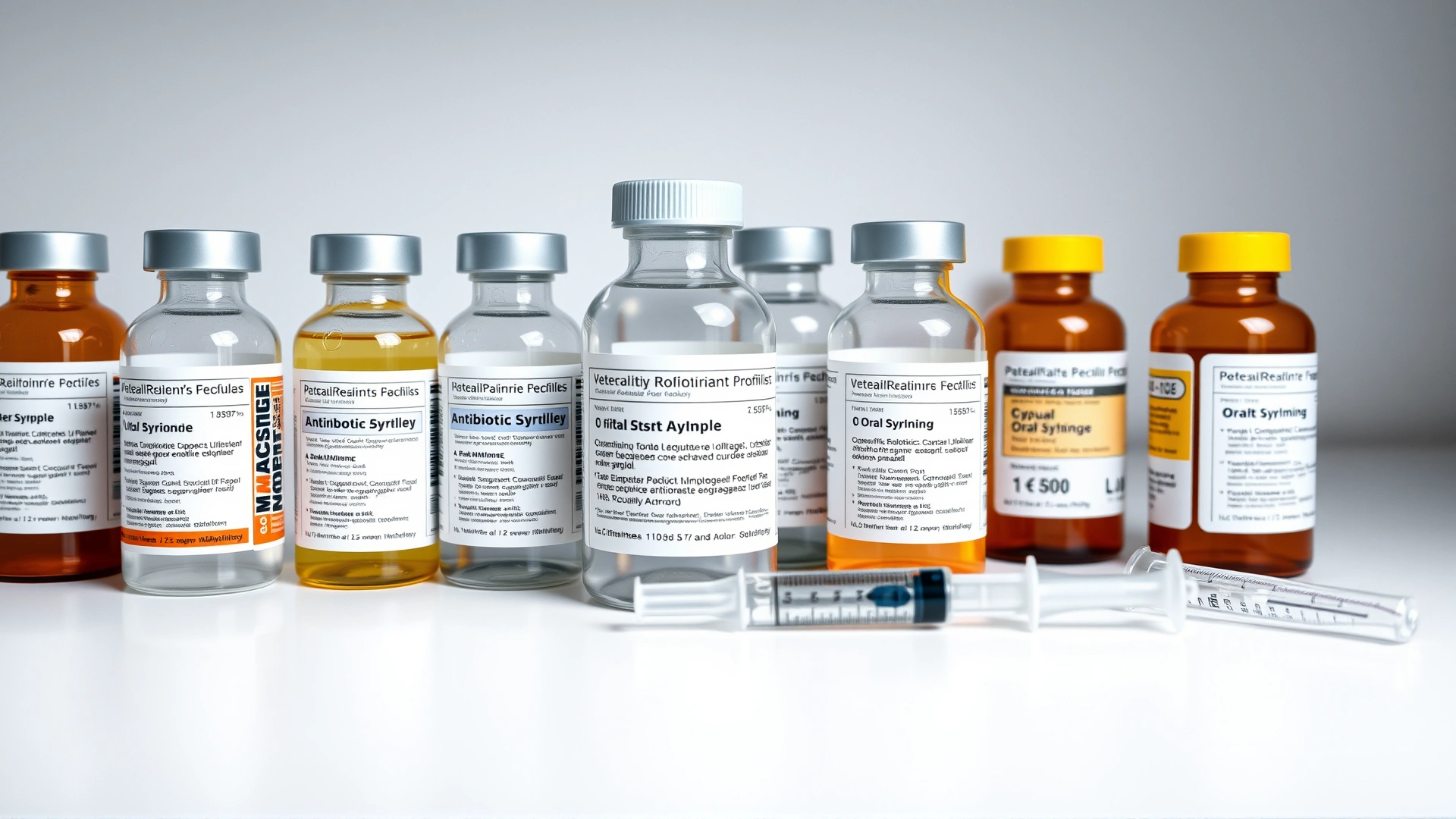 Collection of small veterinary antibiotic bottles and oral syringes arranged neatly on a white countertop, clean background.
