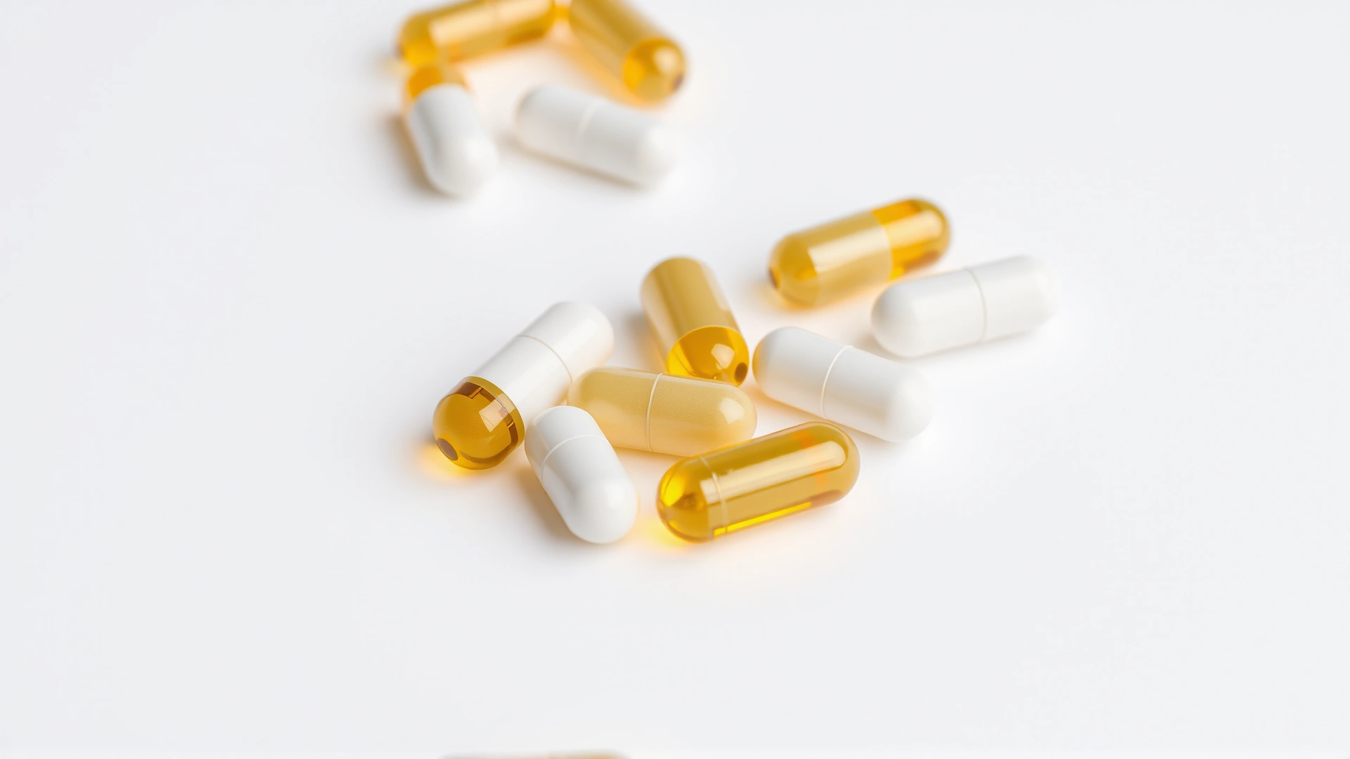 Close-up of several yellow and white minocycline capsules scattered on a plain white background