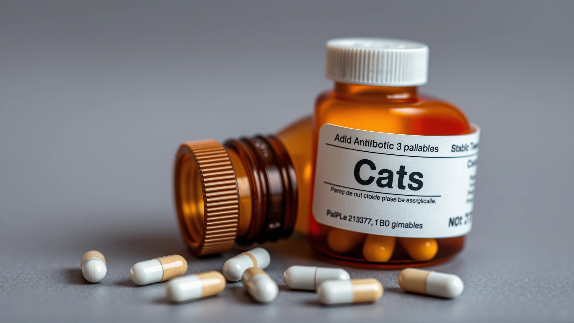 Close-up of a small amber pill bottle labeled for cats with scattered antibiotic capsules next to it, neutral background