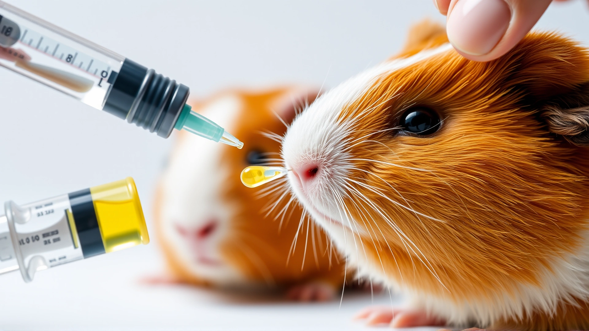 Close-up of liquid antibiotic being drawn into a small syringe next to a guinea pig, emphasizing careful dosing for small pets.