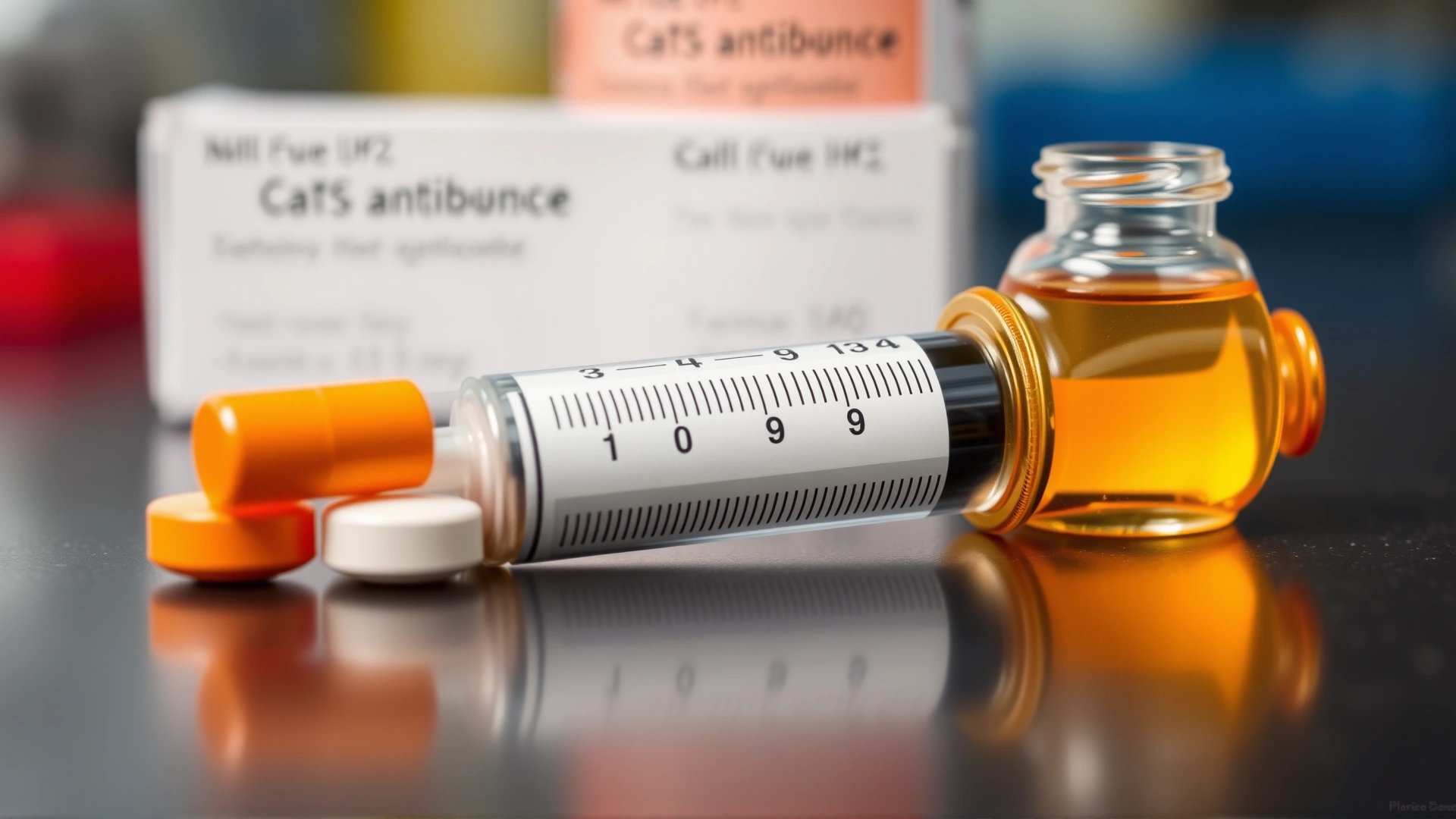 Macro shot of veterinary antibiotic pills and a liquid syringe labeled for cats on a countertop.