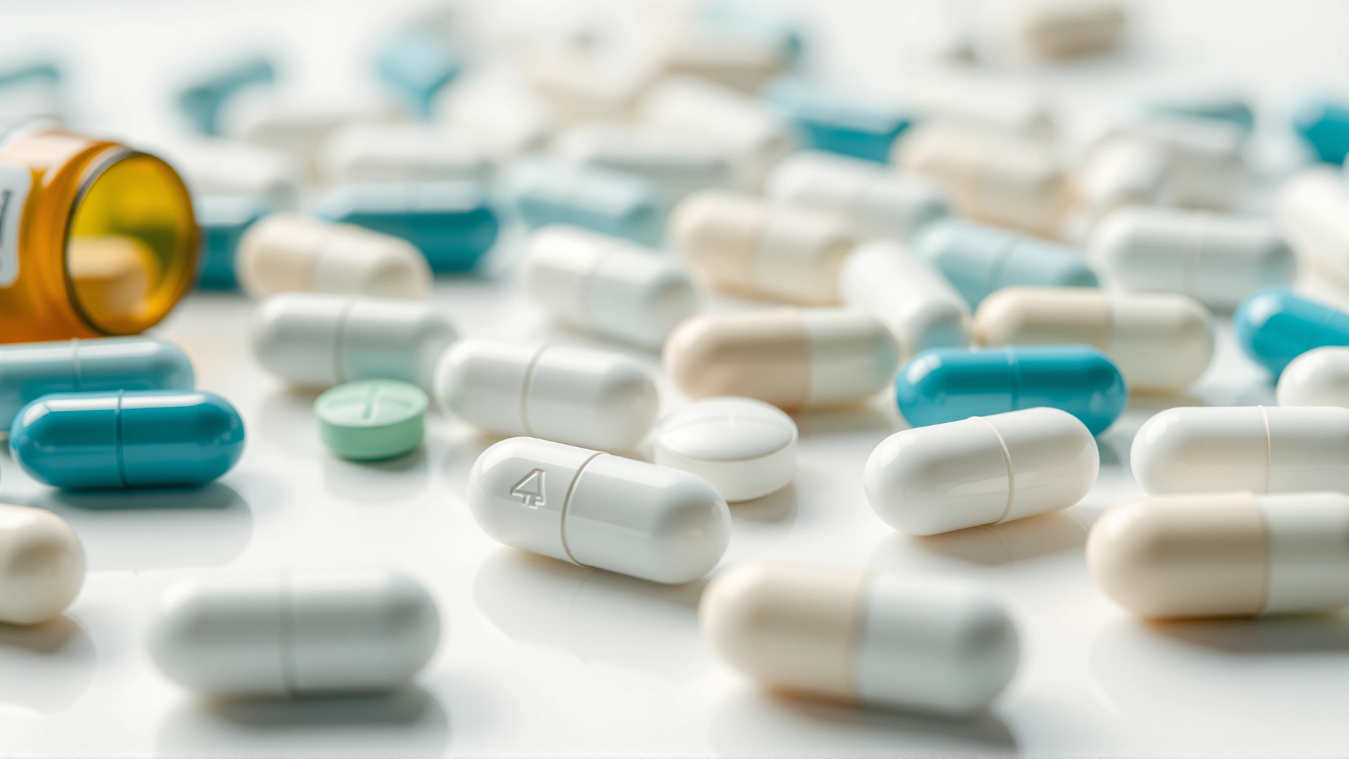 Macro shot of assorted veterinary antibiotic tablets and capsules neatly arranged on a white surface, soft natural light, shallow depth of field.