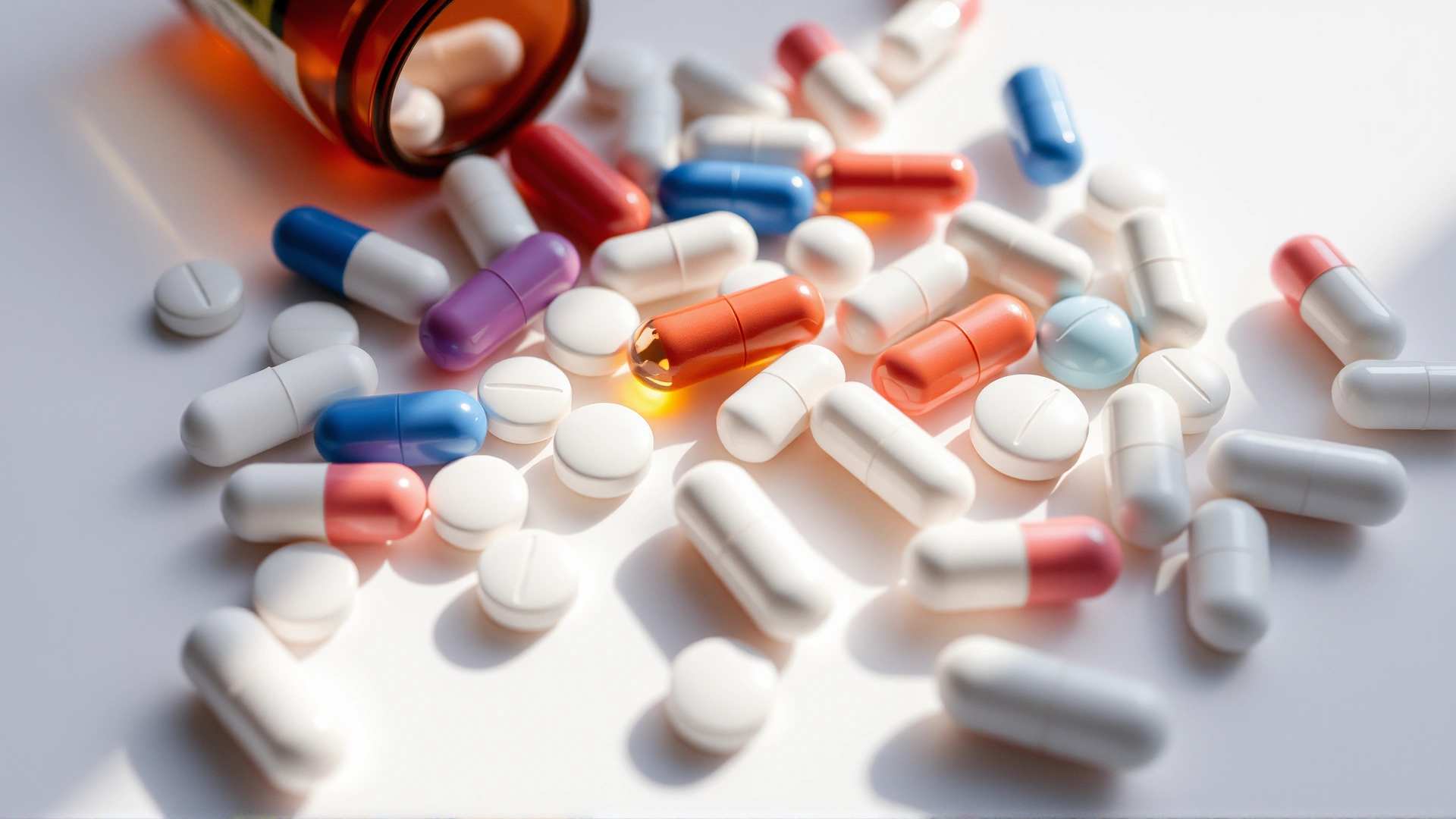Macro shot of assorted antibiotic capsules and tablets scattered on a white surface with soft natural light.