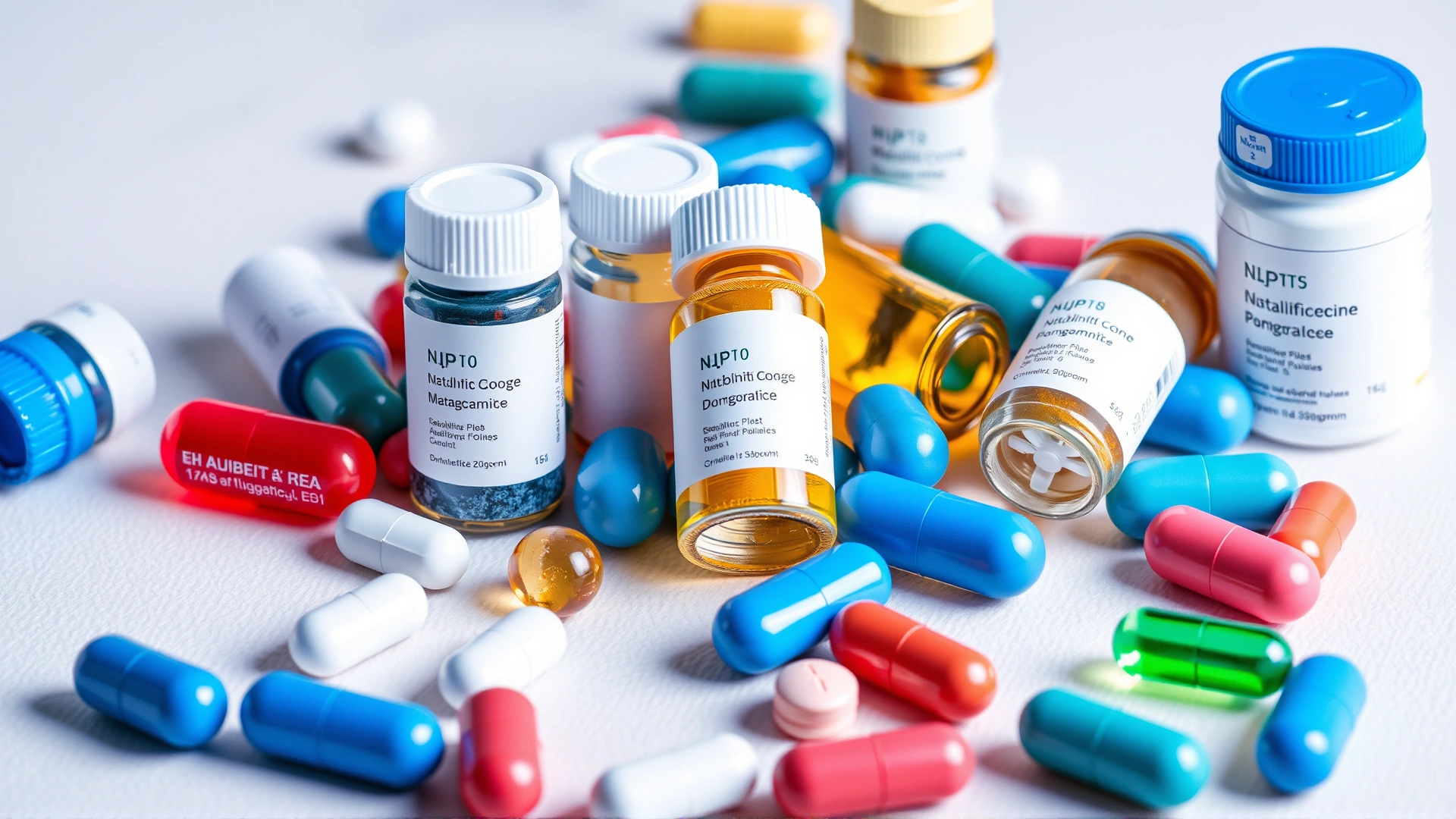 Assortment of colorful antibiotic pills and small medication bottles on a neutral background, no text
