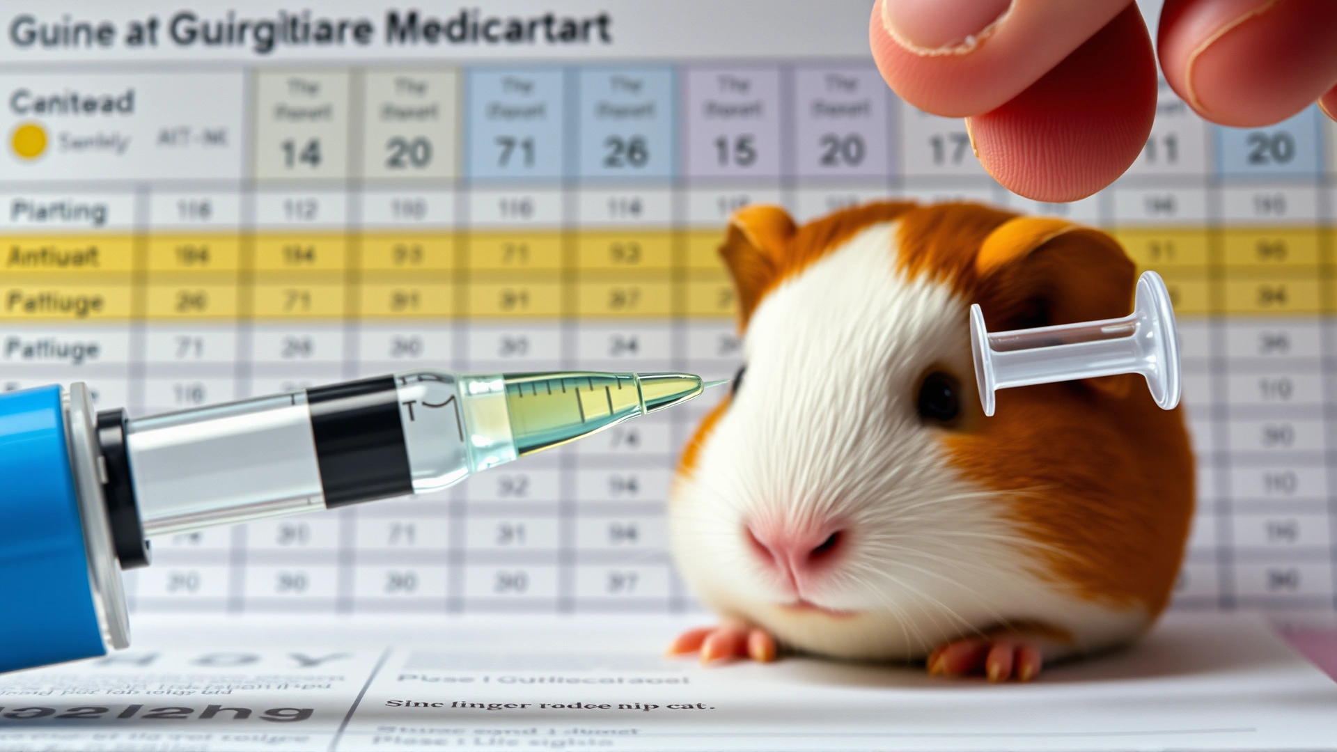 Close shot of liquid antibiotics being drawn into a small syringe next to guinea pig medication chart.