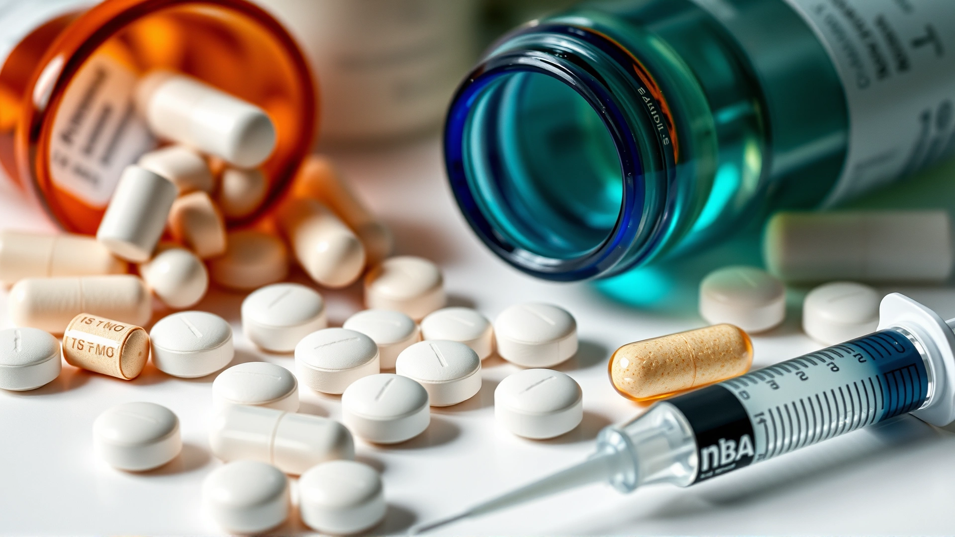 Close-up of assorted antibiotic pills, liquid medication, and a syringe arranged neatly on a white surface