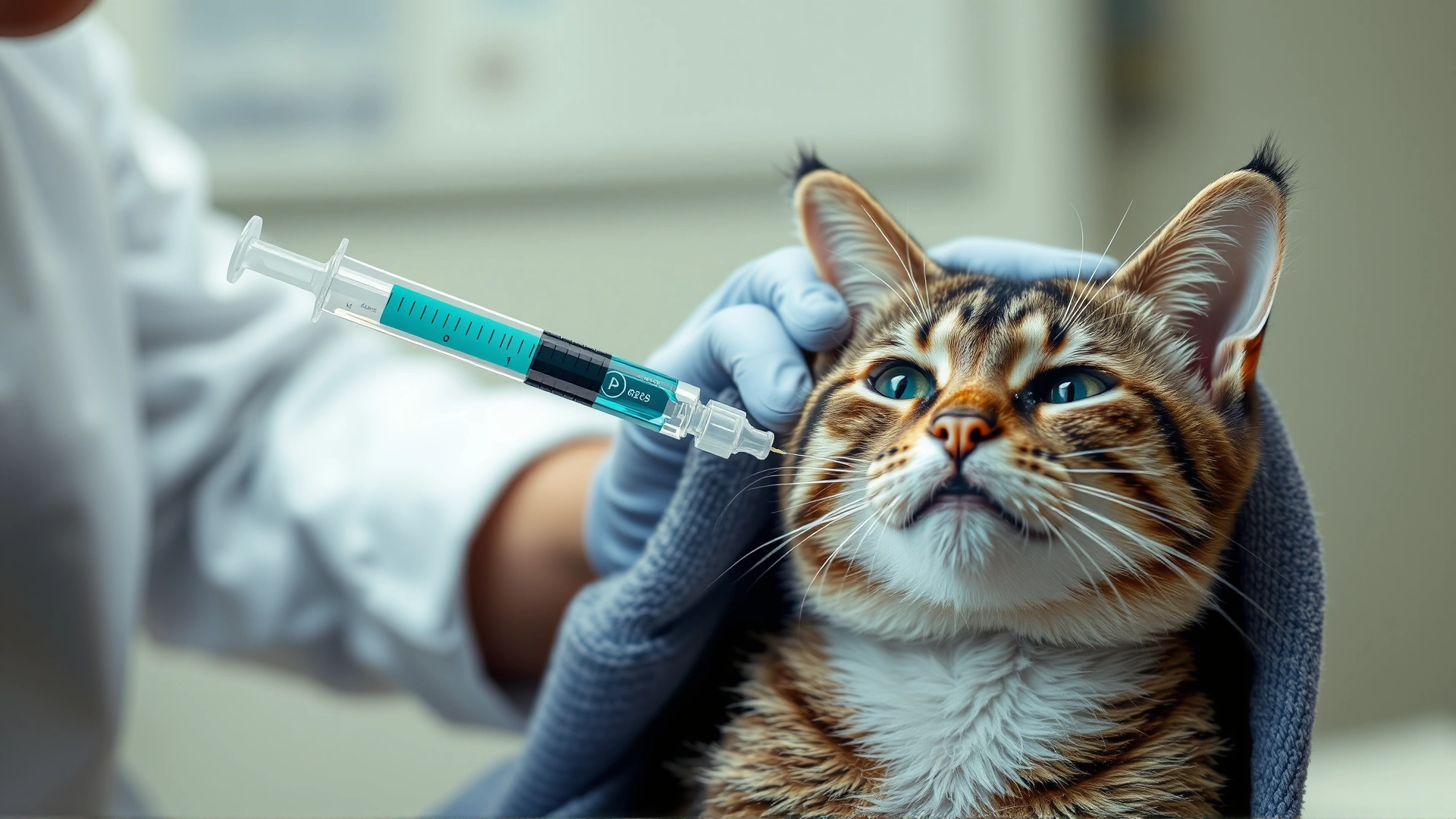 Close-up of a veterinarian administering liquid antibiotic through a syringe to a calm cat wrapped in a towel