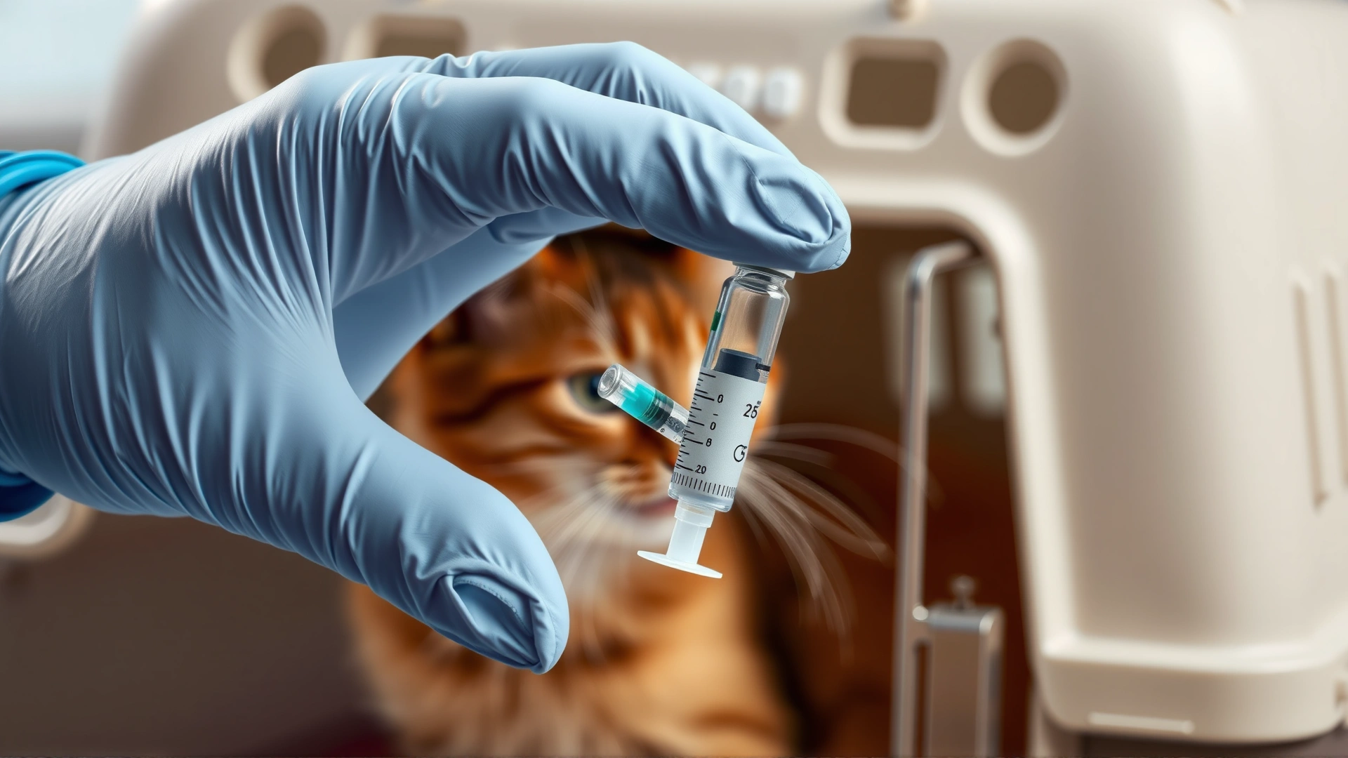 Close-up of a veterinarian’s hand preparing an antibiotic injection with a vial and syringe, cat carrier blurred in background