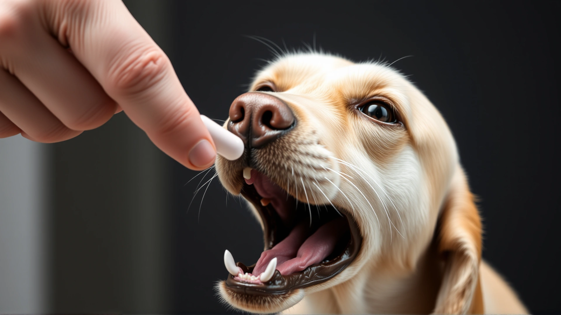 Close-up of a hand giving a pill to a dog with an open mouth, pill visible but label-free
