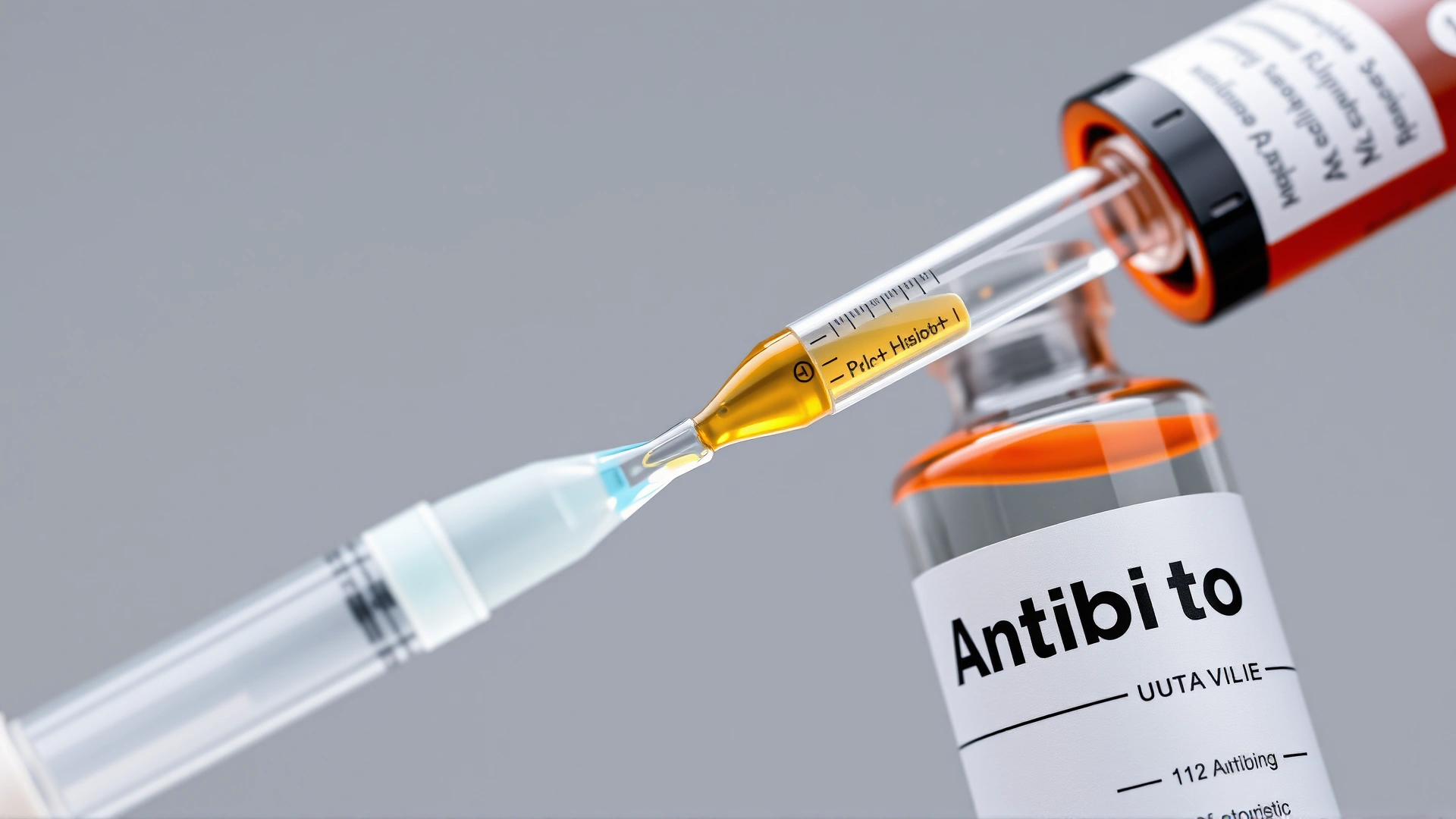 Macro shot of veterinary liquid antibiotic being drawn into a syringe, medicine vial labeled 'Antibiotic', neutral background.