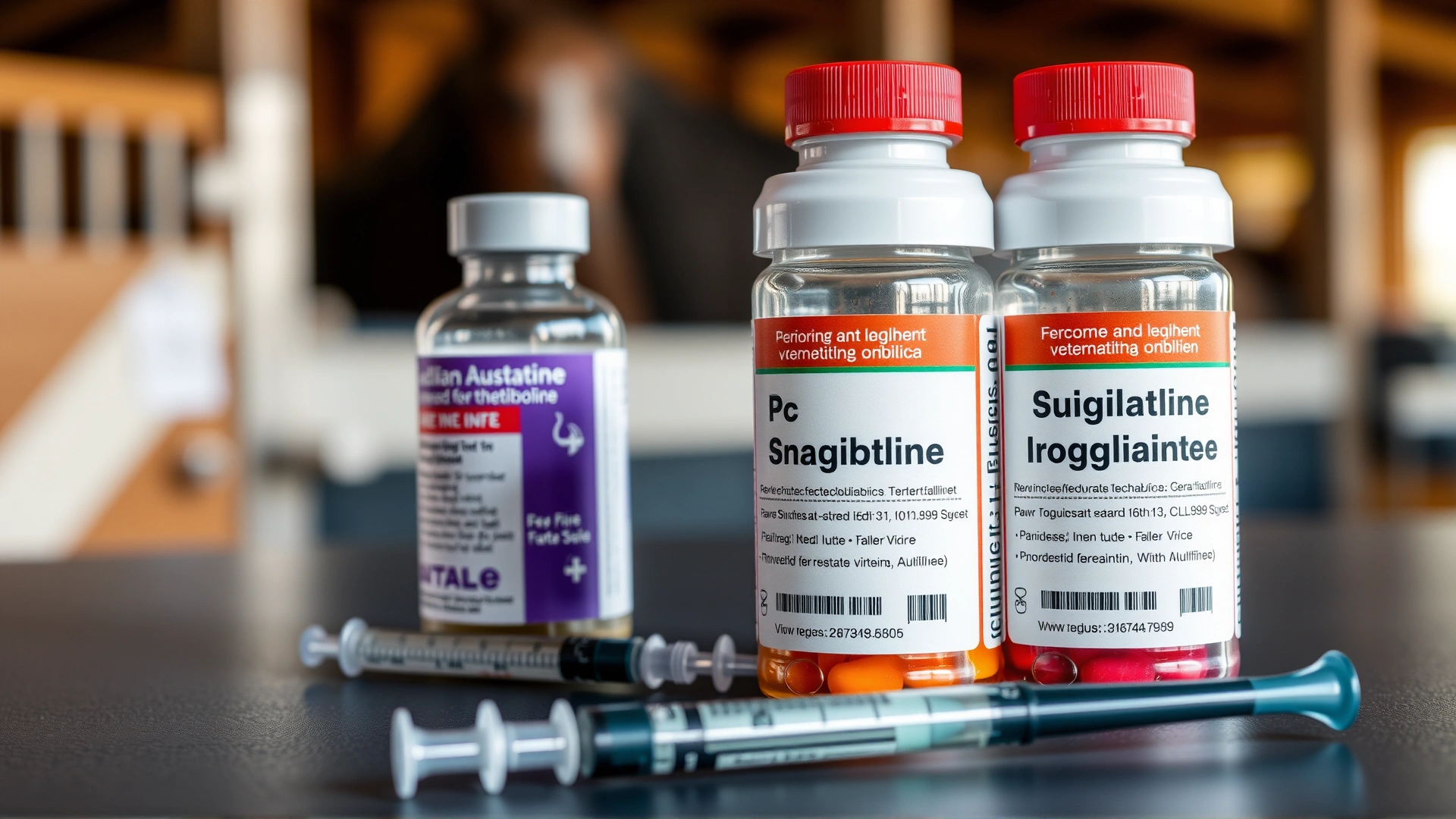 Tabletop shot of veterinary antibiotics and syringes labeled for equine use, with blurred stable background. No text.