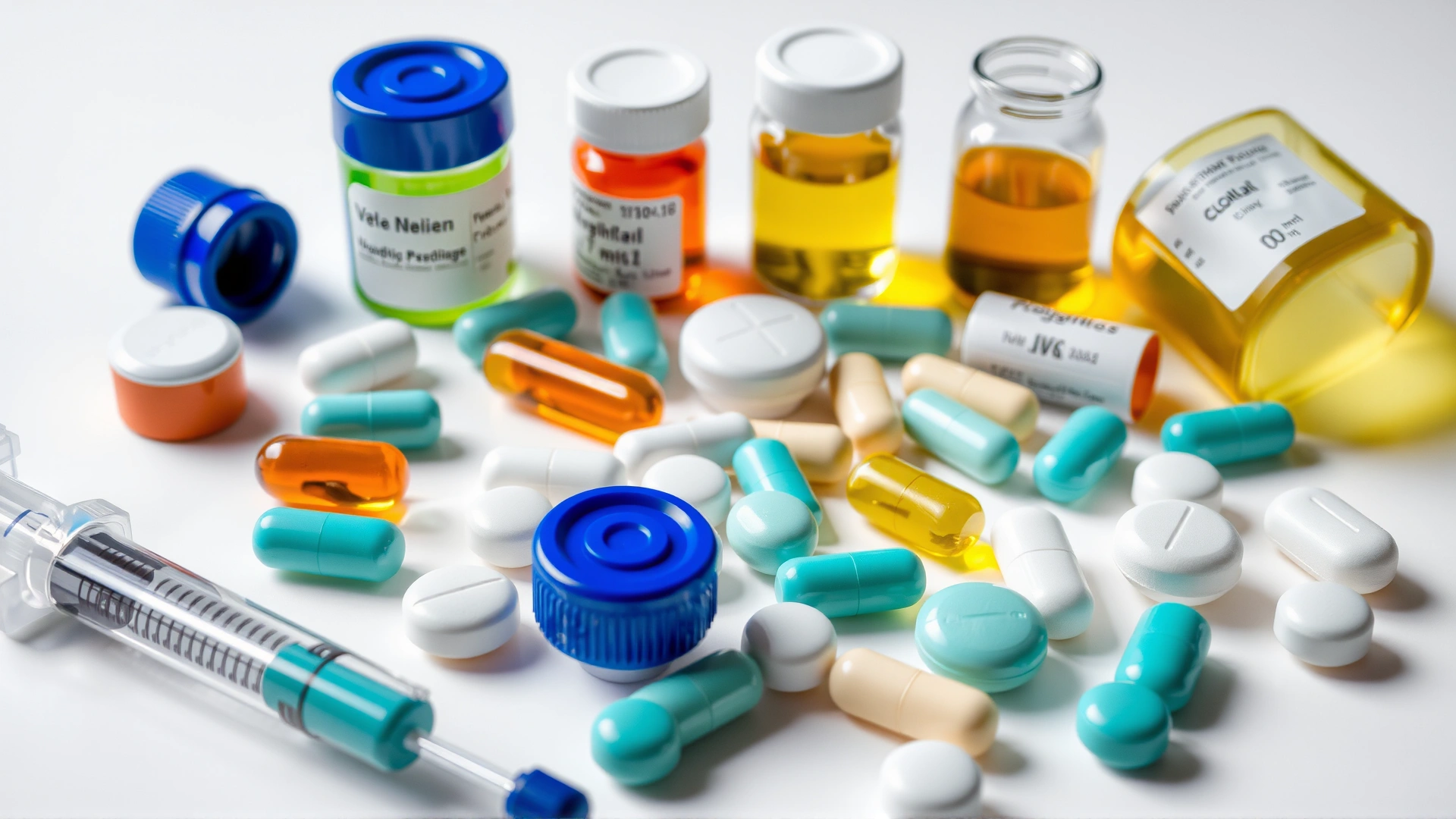 Assortment of veterinary antibiotic pills and liquid medications on a white table with a syringe, no text