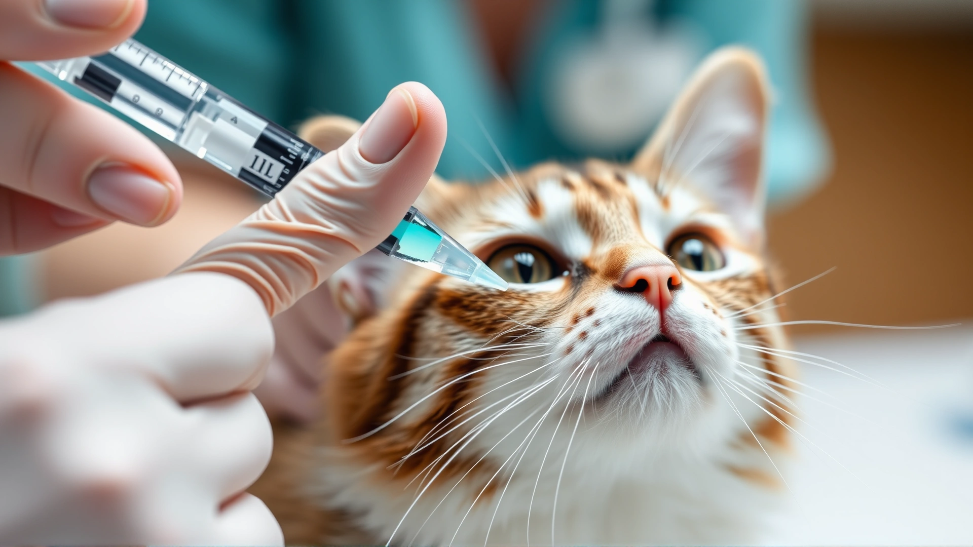 Close-up of a veterinarian’s hand giving liquid antibiotic medicine to a cat using a syringe without needle, focused on the action, blurred background