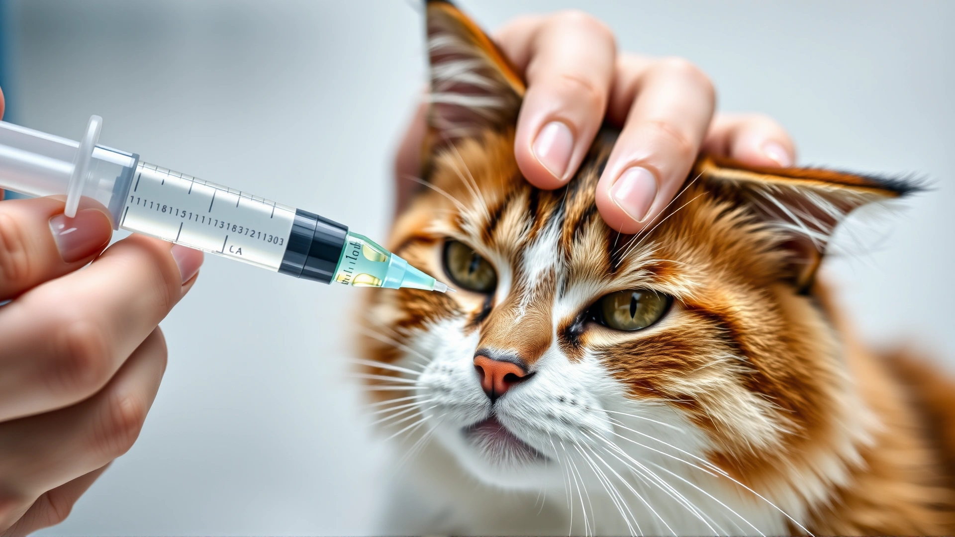 Close-up of a veterinarian's hand administering liquid antibiotic to a calm cat with a syringe, shallow depth of field, clean clinical background, no text