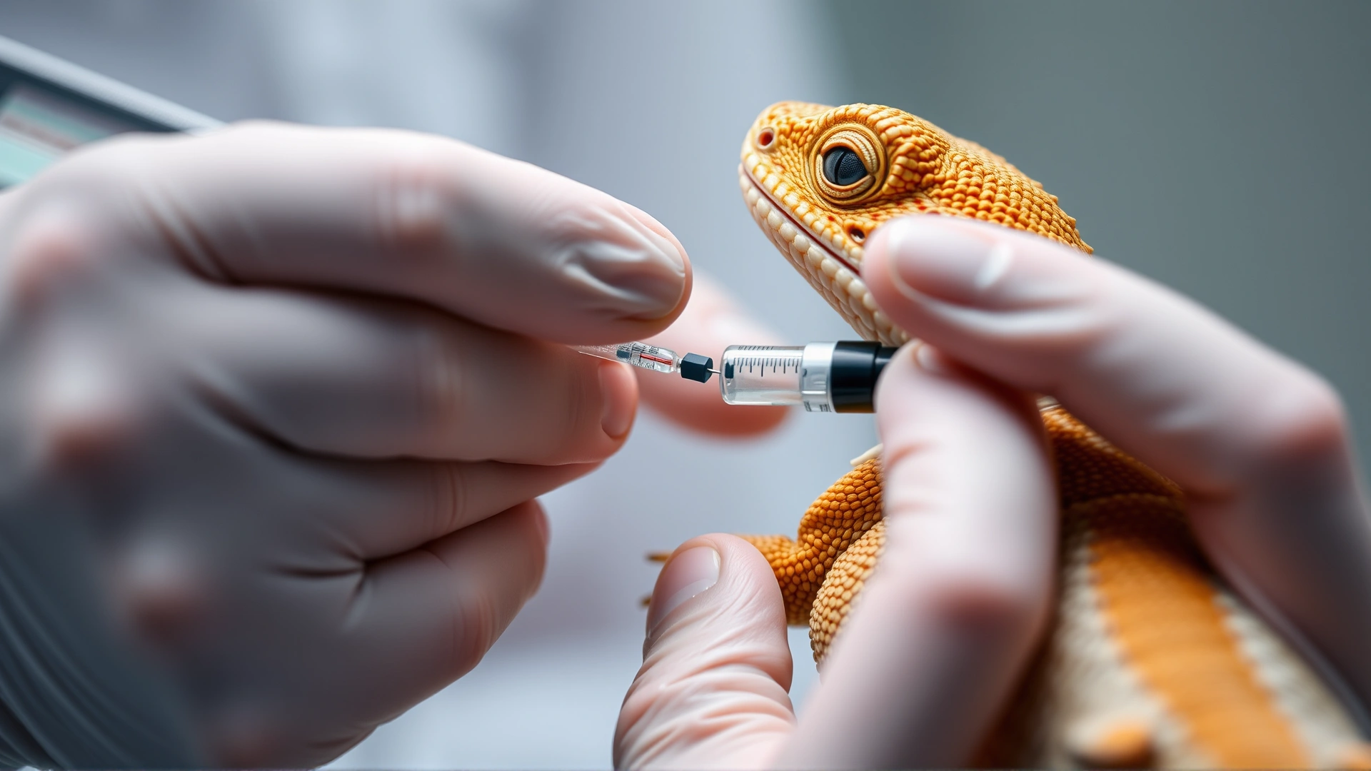 Close-up of a veterinarian administering an intramuscular antibiotic injection to a bearded dragon, careful hand positioning, soft clinical light