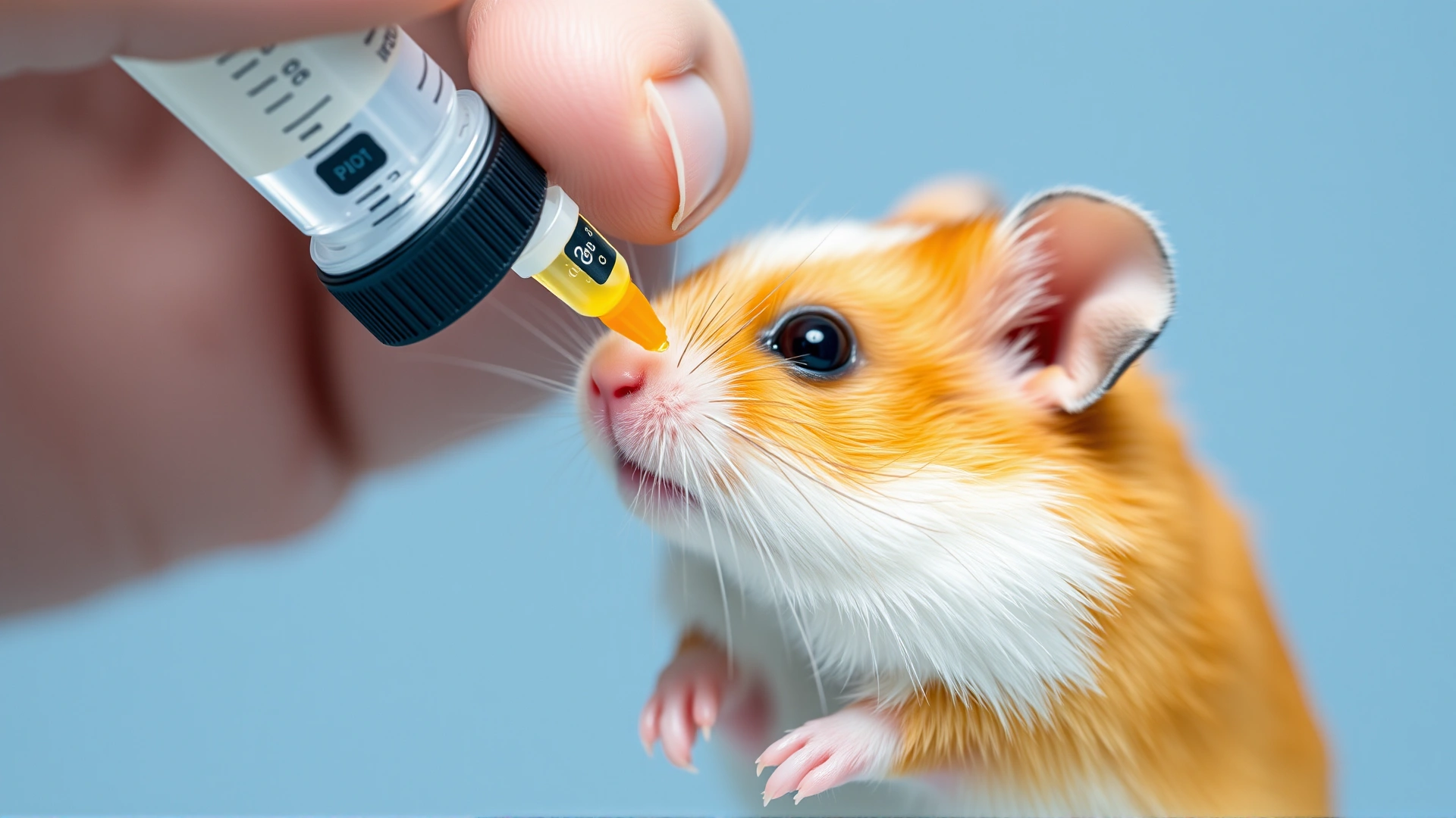 Close-up shot of a hand giving oral liquid medication to a small hamster using a syringe dropper, focus on careful administration, no text.