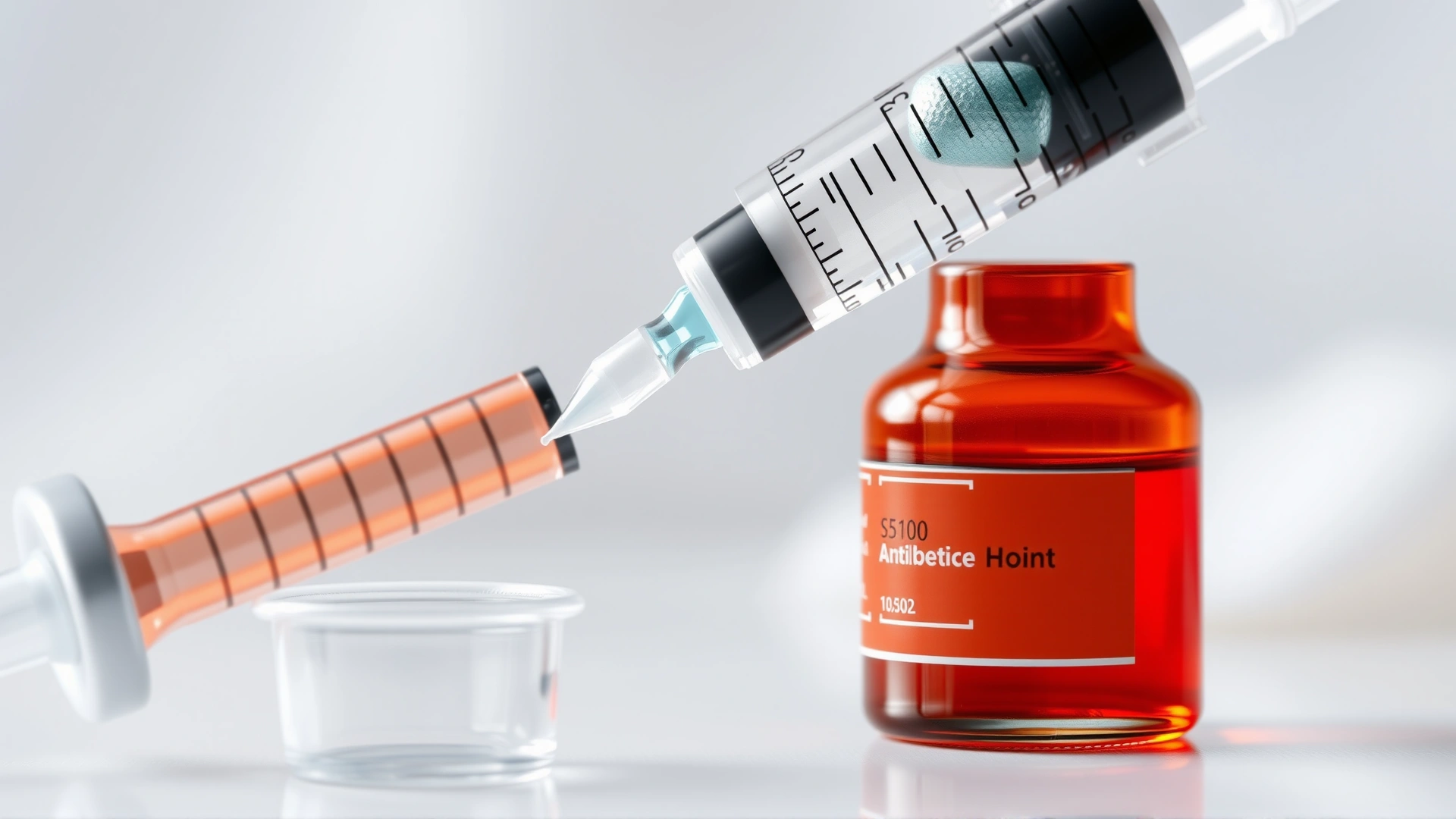Close-up of a syringe drawing liquid antibiotic from a small medicine vial next to a dosing cup, no text