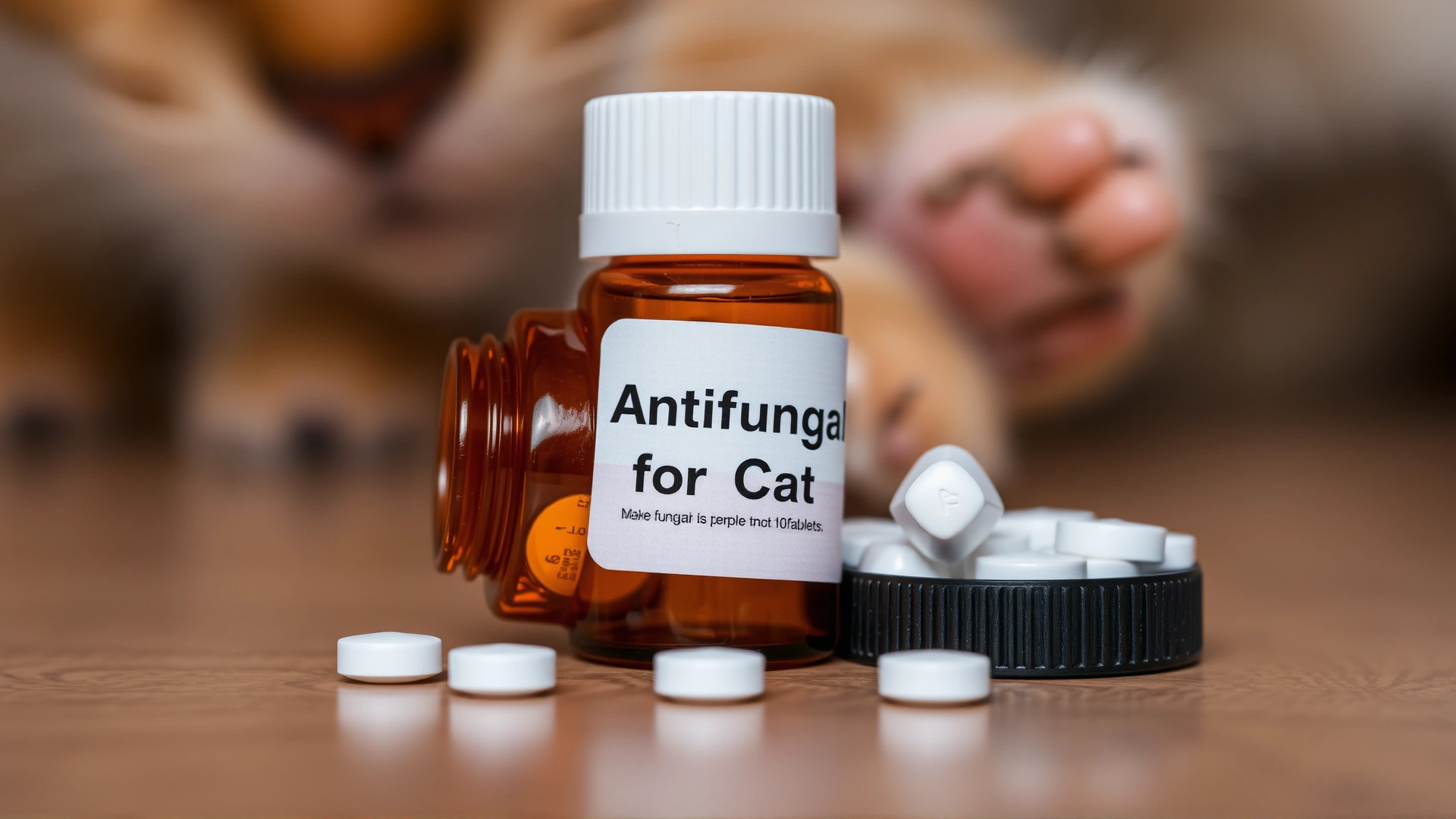 Selective focus image of a small amber prescription bottle labeled 