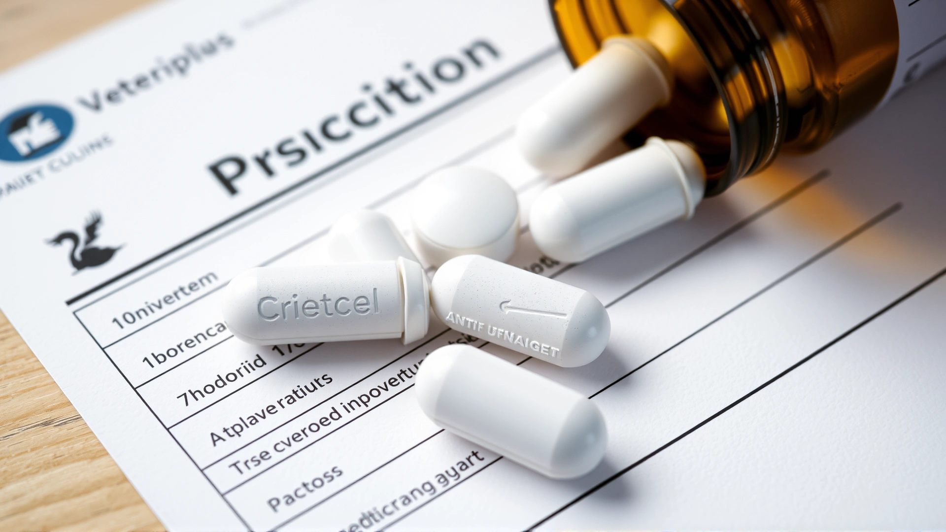 Macro shot of unbranded antifungal pills and a medicine bottle placed on a veterinary prescription pad.