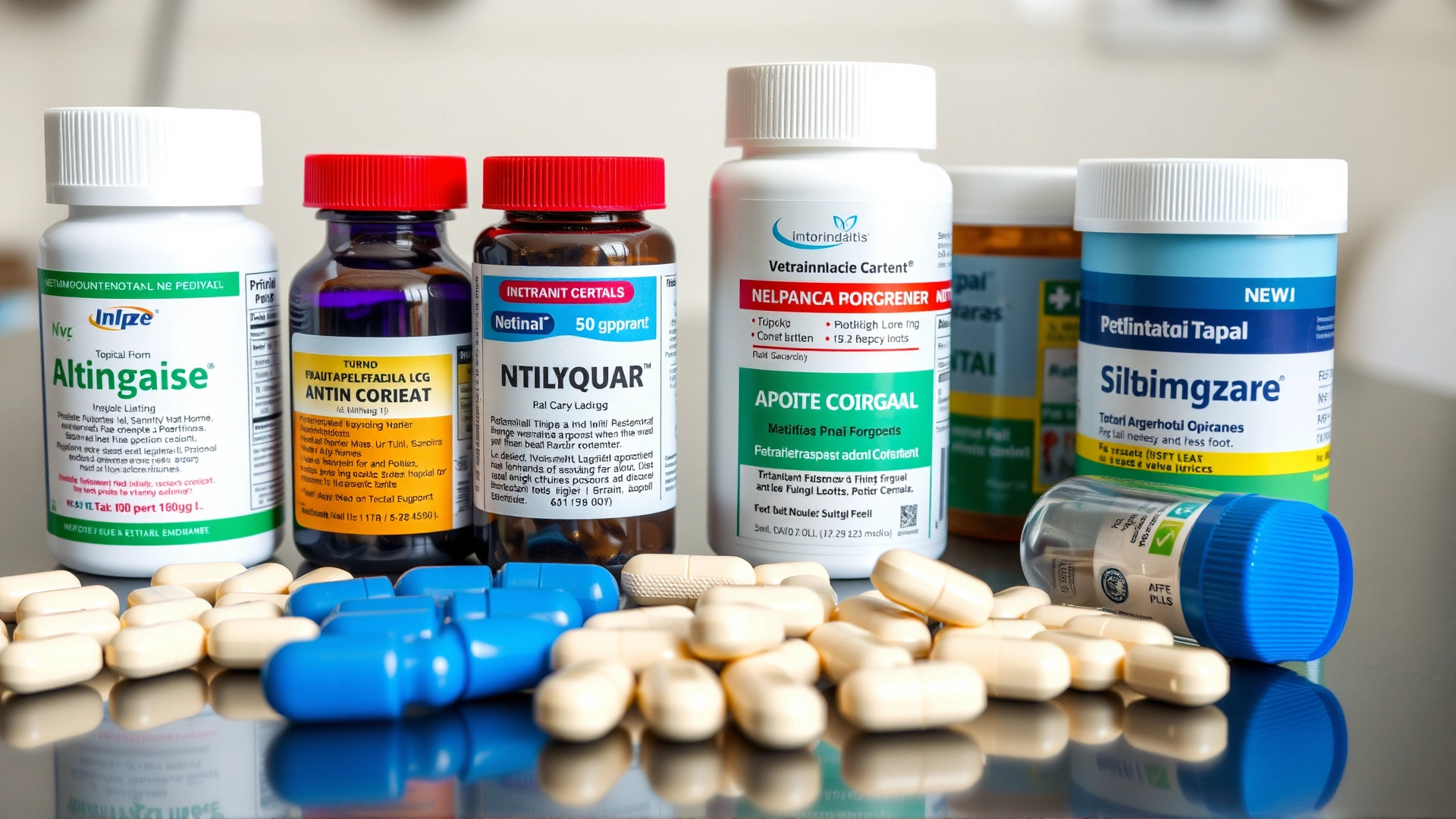 Assorted antifungal medications, including pills and topical creams, arranged neatly on a veterinary table