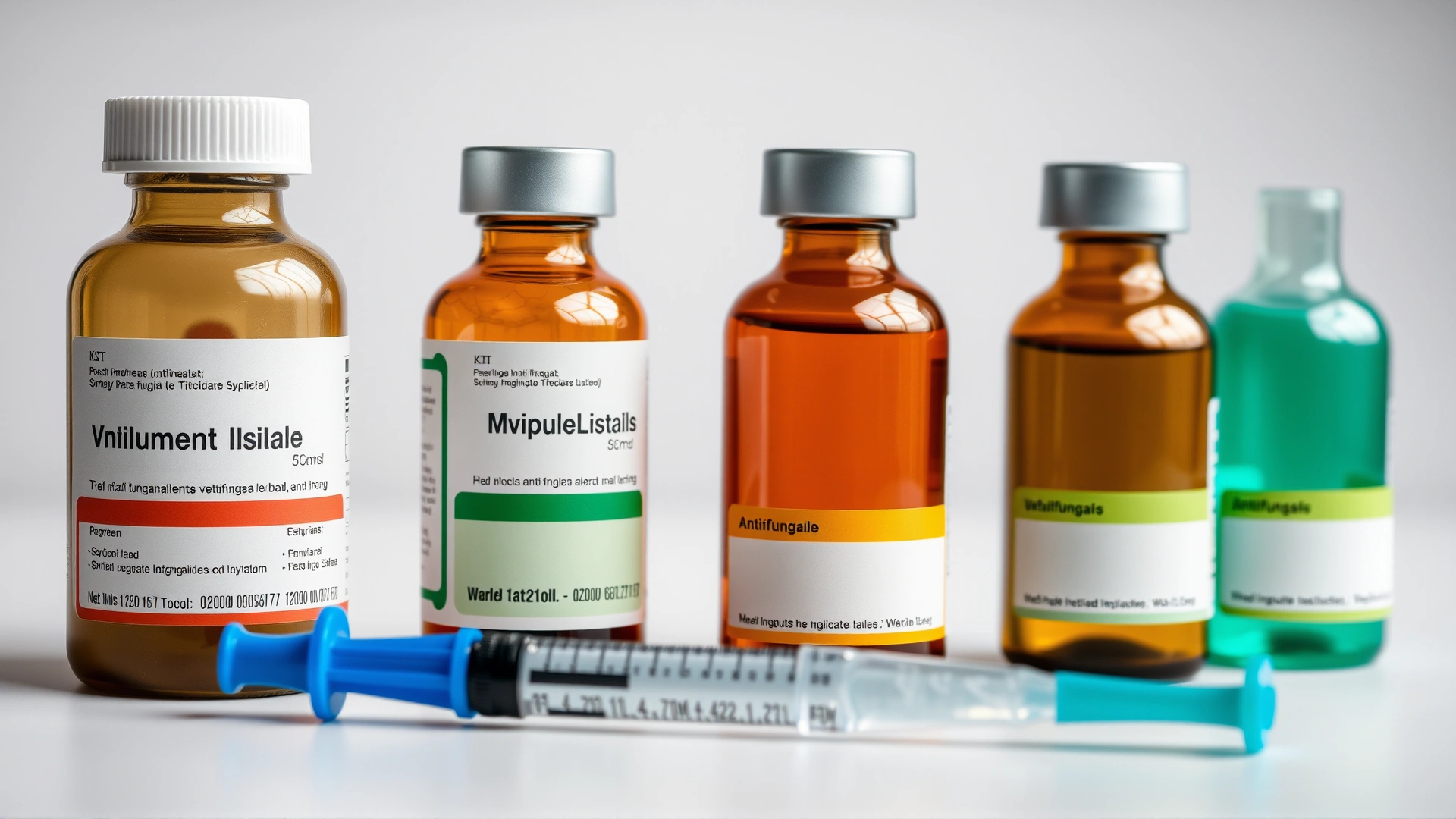 Assortment of veterinary antifungal medication bottles with blank labels alongside syringe and measuring spoon on a neutral background, shallow depth of field