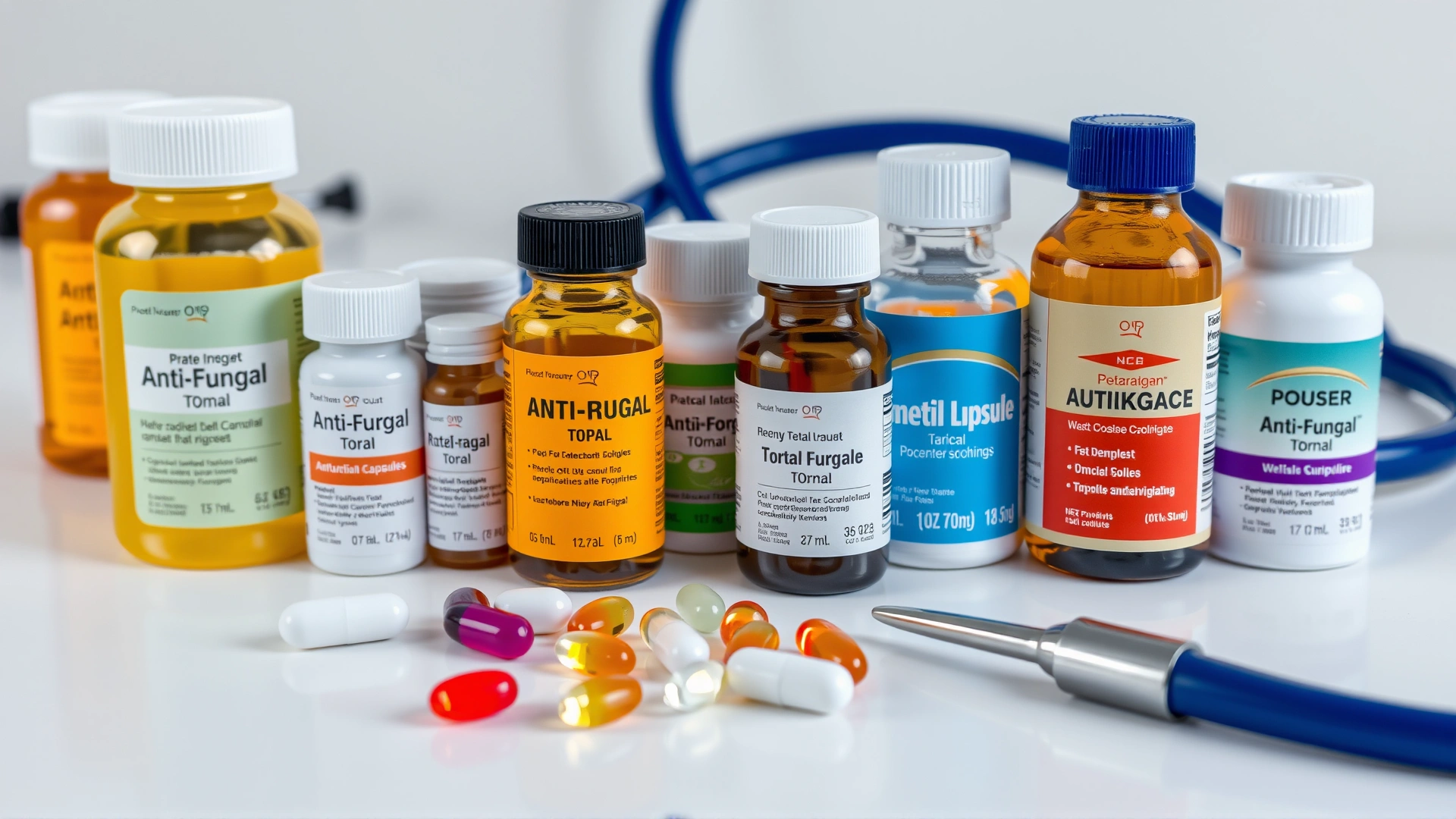 Assortment of veterinary antifungal medications (oral capsules and topical solutions) neatly arranged on a white table with a stethoscope in the background.