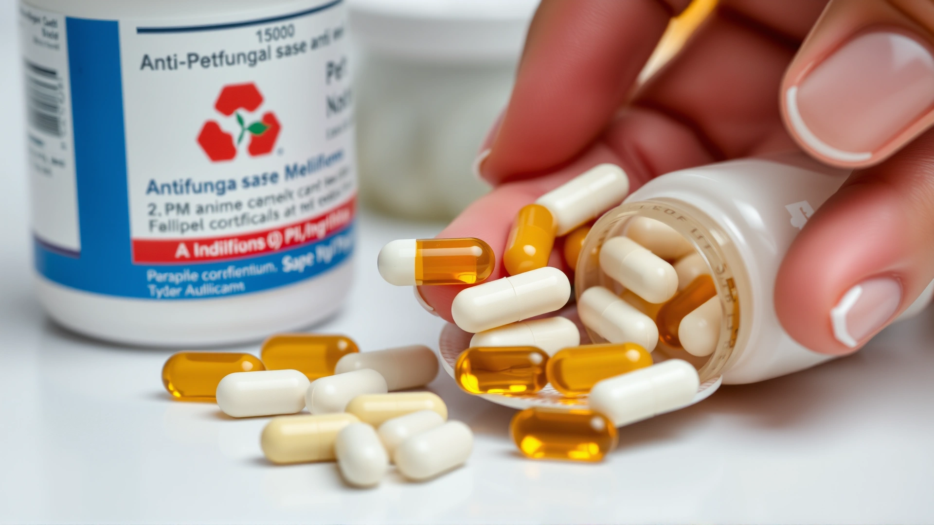 Hand holding pet-safe antifungal medication capsules next to a pill organizer and prescription bottle, soft focus