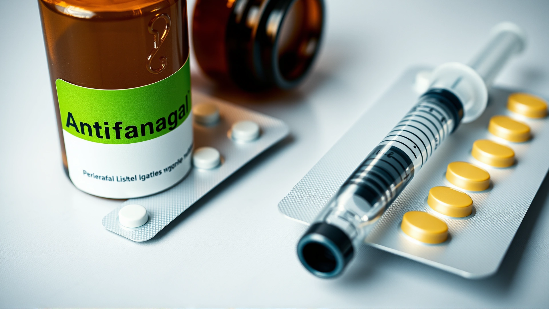 Close-up of a veterinary table with a prescription bottle labeled 'Antifungal', a blister pack of pills, and a syringe, representing treatment options.