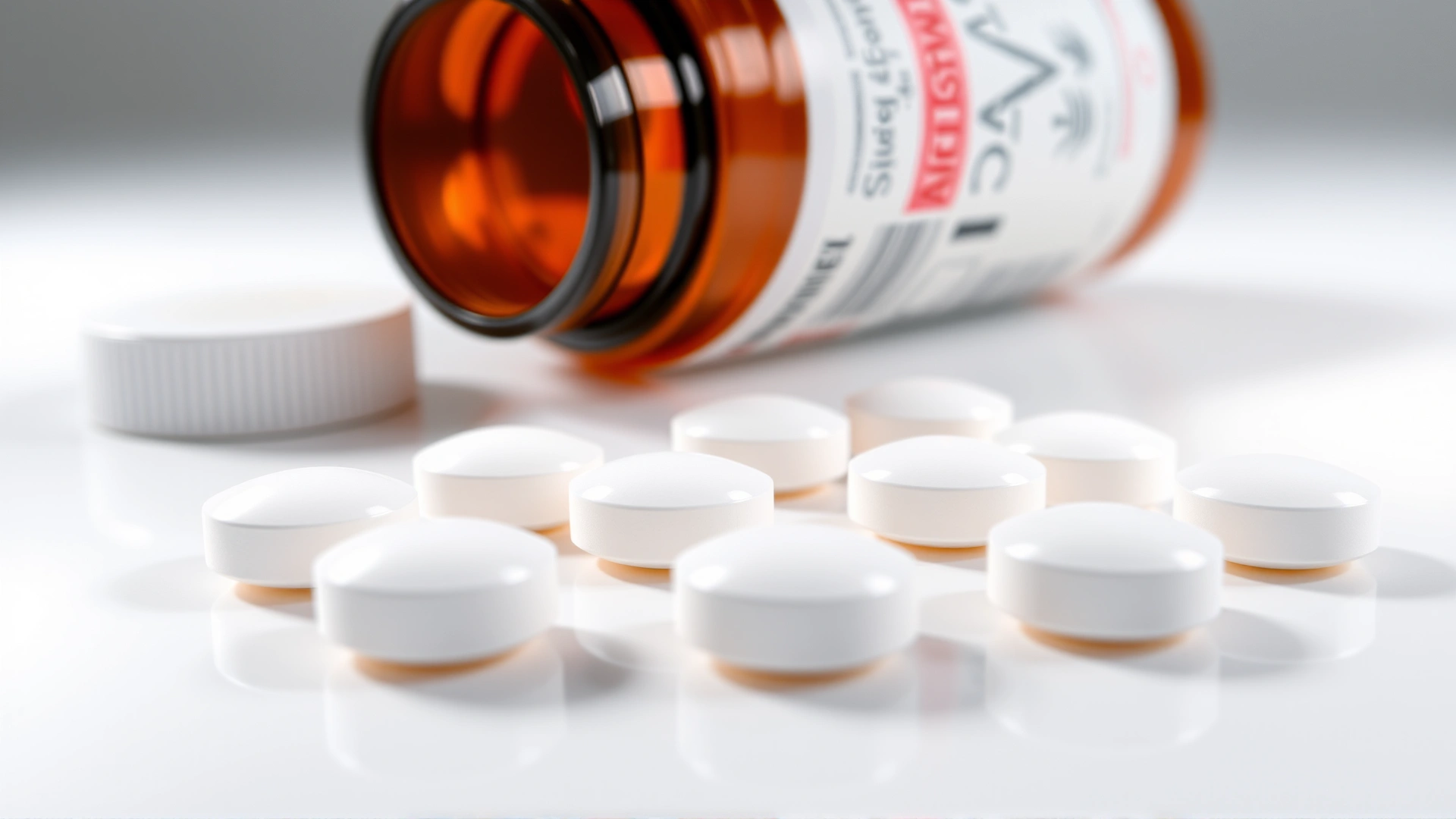 Close-up of veterinary antihistamine tablets and medication bottle on a clean white surface