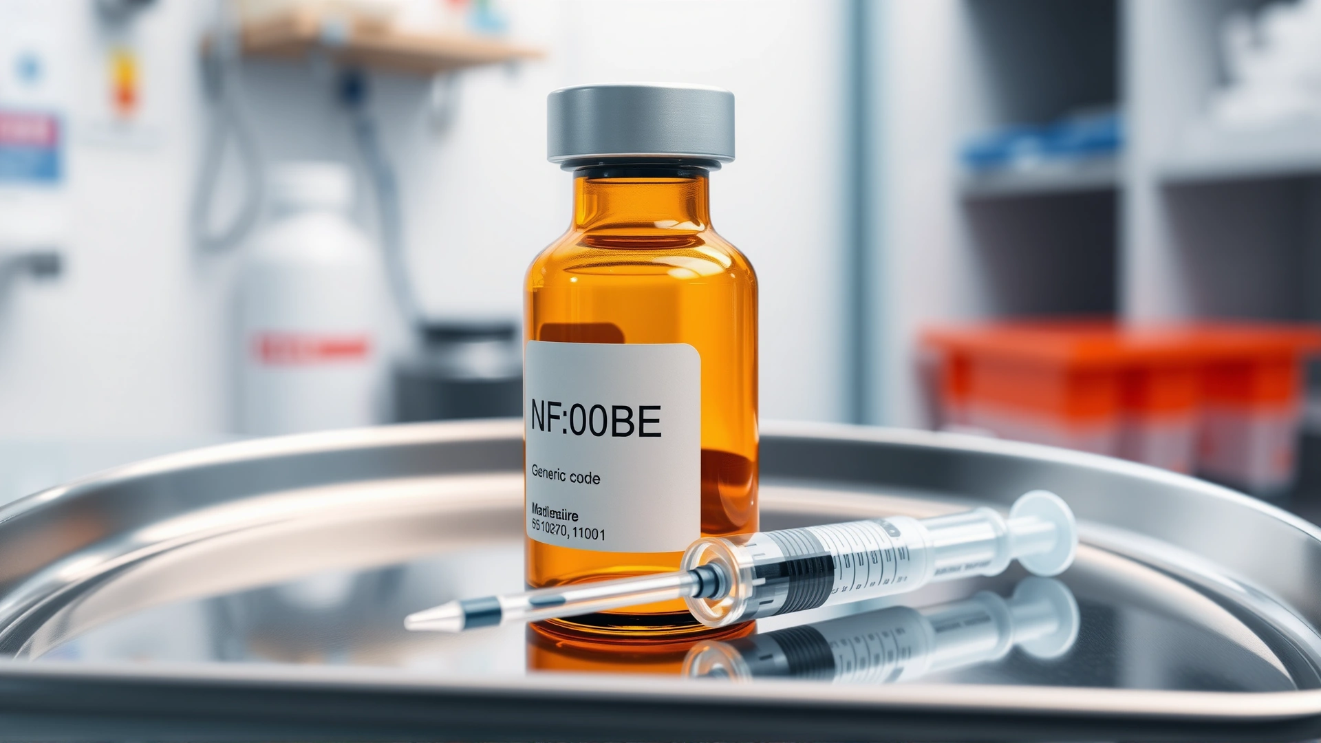 Close-up of an amber medicine vial labeled only with generic code and a small syringe beside it on a stainless tray, veterinary clinic background, no text
