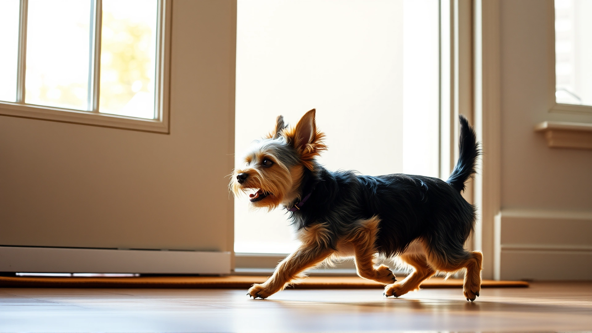 Small terrier pacing nervously near a front door with ears back, daylight streaming through a window, illustrating separation anxiety.