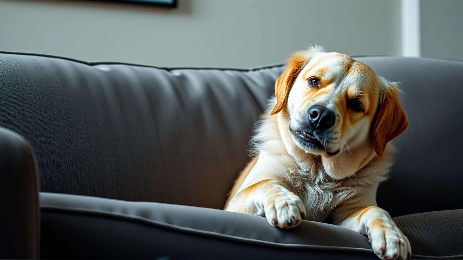 Dog alone on a couch repeatedly licking its paw, soft indoor lighting illustrating stress behavior