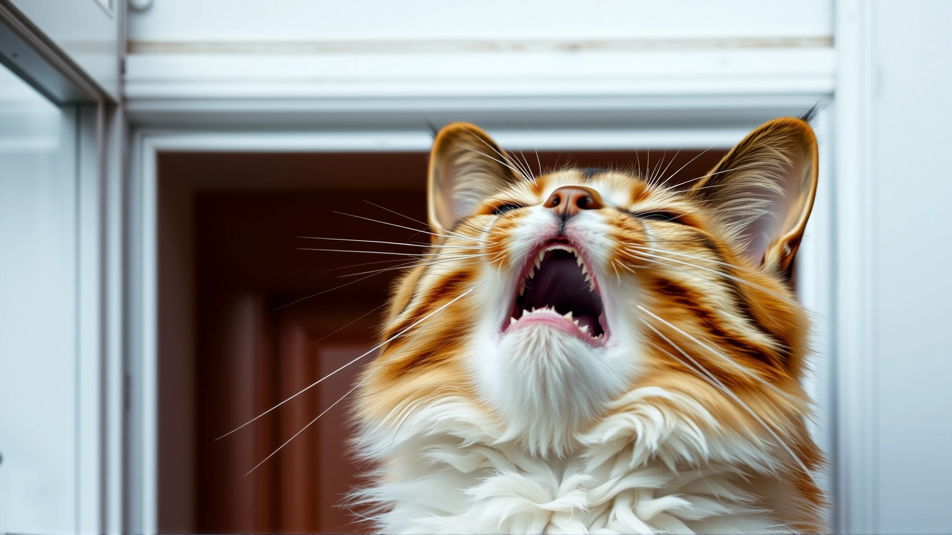 Close-up of a cat meowing loudly while looking at a closed front door