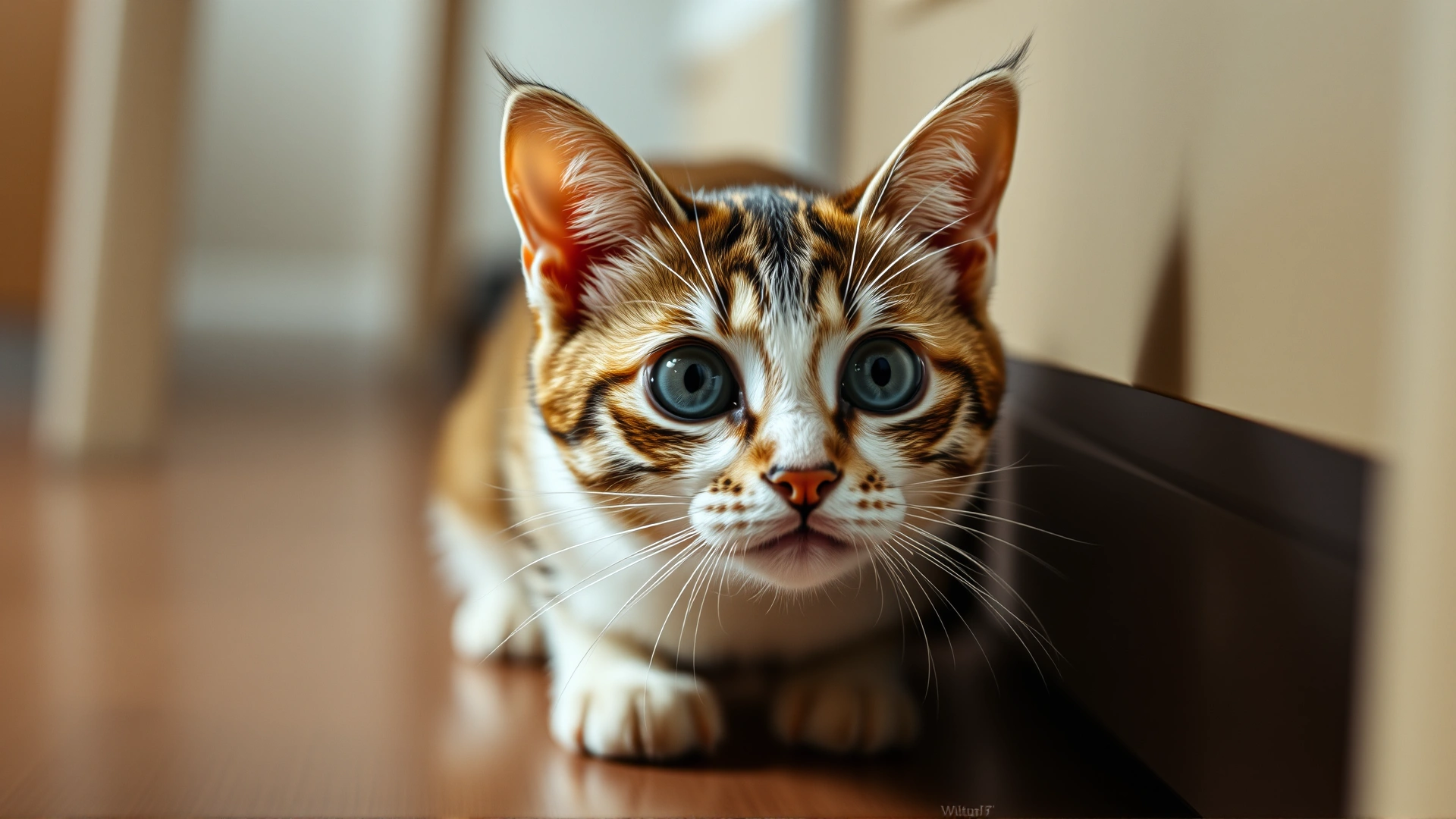 Domestic cat crouched behind furniture with wide eyes and flattened ears, illustrating feline anxiety, soft indoor lighting