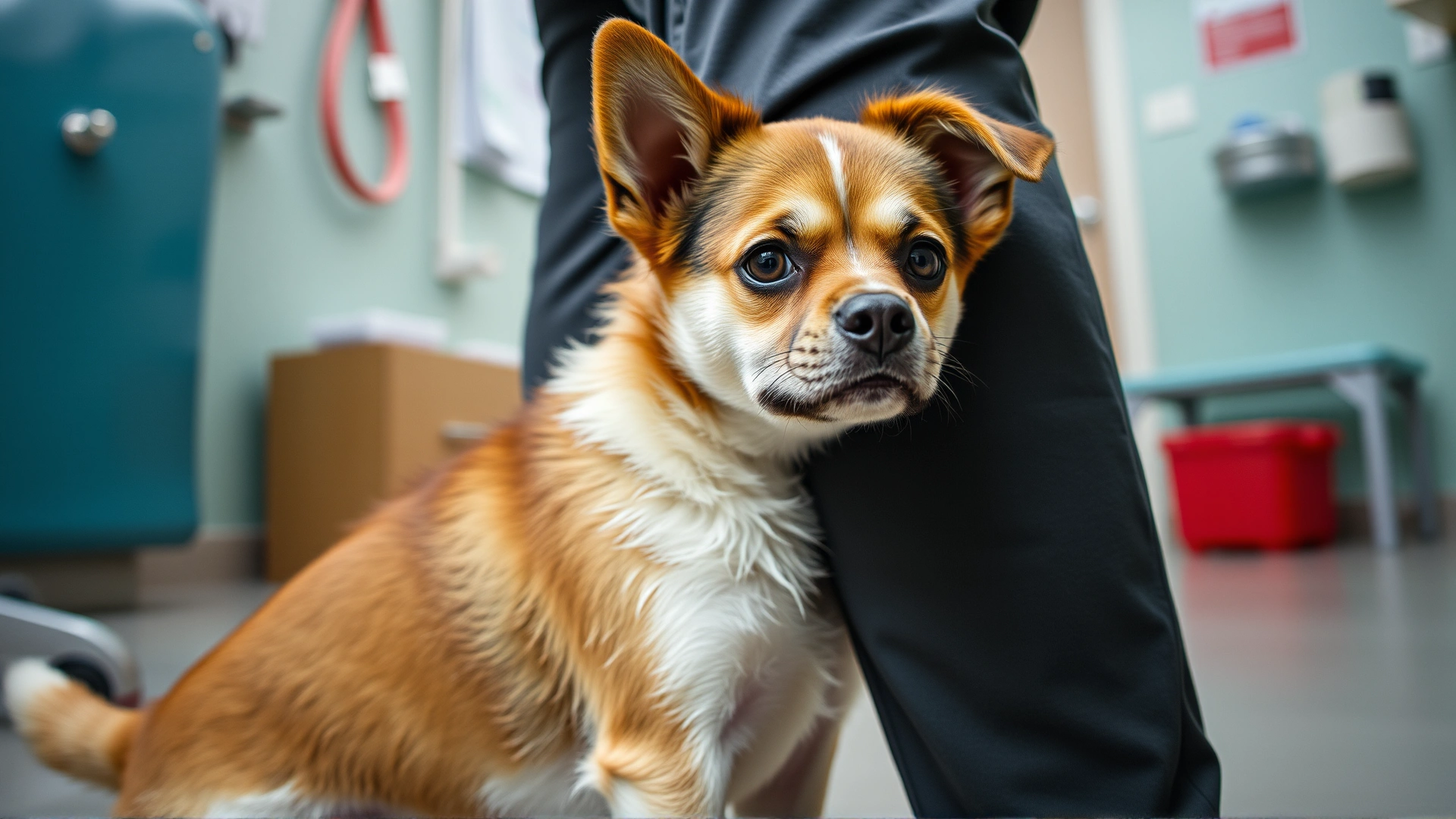 Small mixed-breed dog pressing against its owner's legs inside a veterinary clinic, looking anxious, to illustrate seeking security.