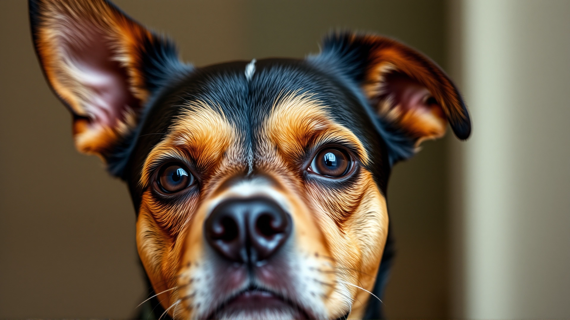 Close-up of a single dog with ears back and worried eyes, showing signs of anxiety.