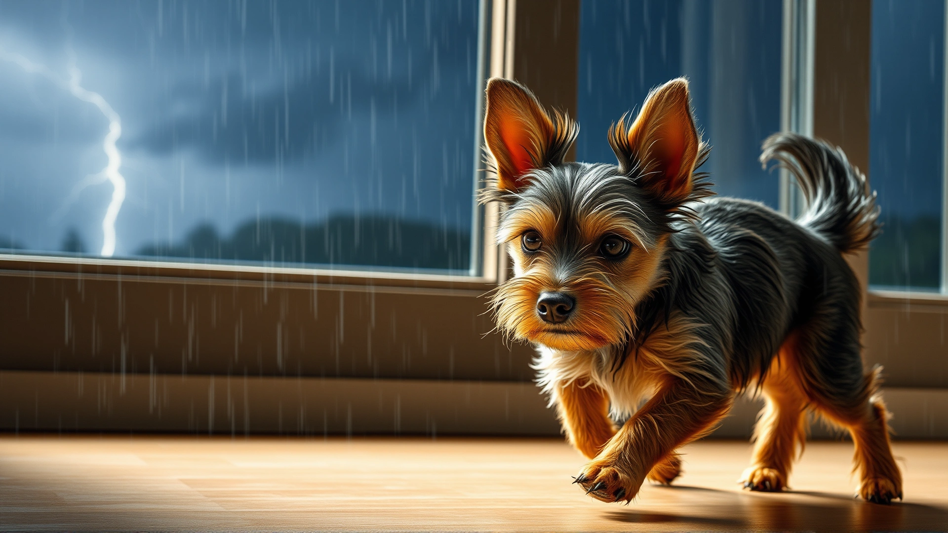 A nervous small terrier pacing near a window during a thunderstorm, looking worried. Rain and lightning visible outside the window.